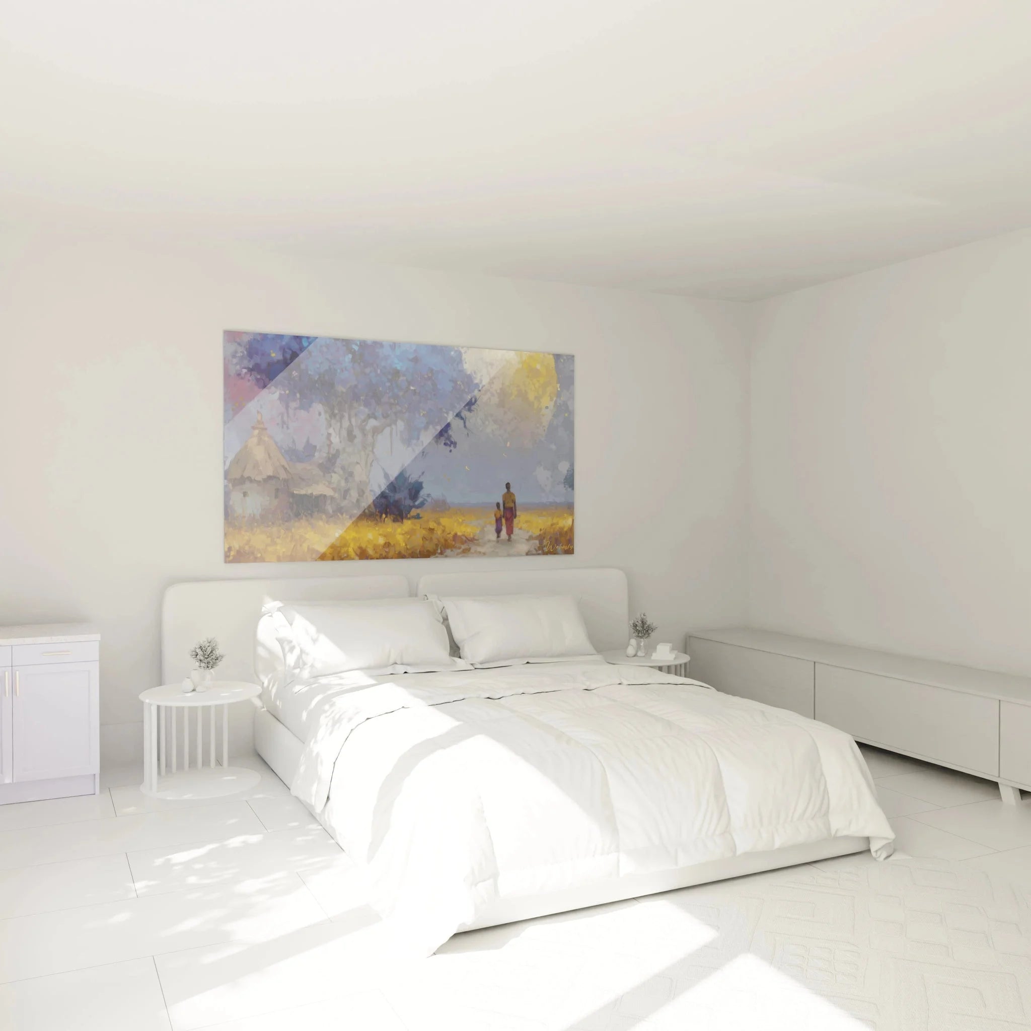 Schlafzimmer Dekoration mit XXL Wandbild afrikanische Landschaft und Baobab Motiv über dem Bett