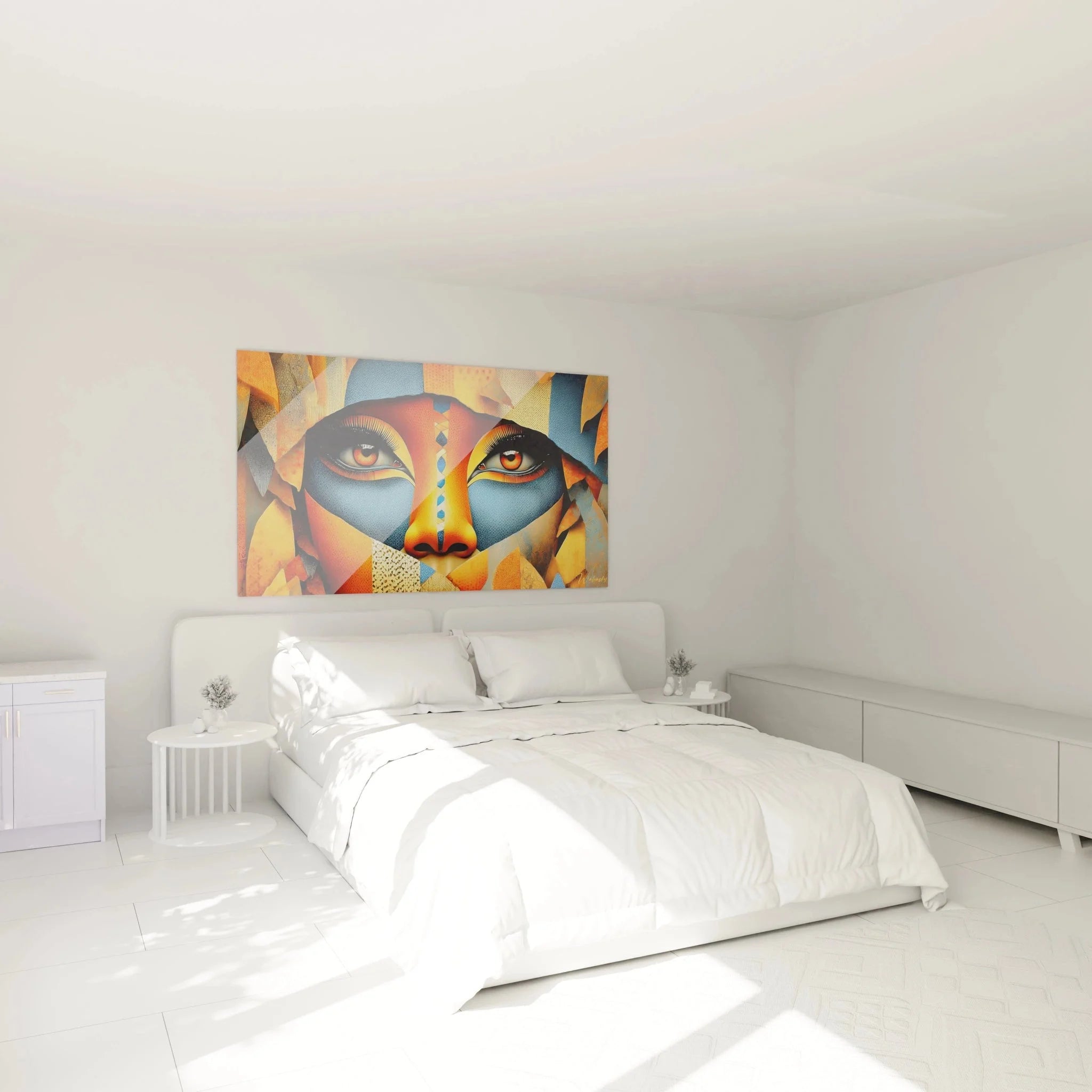 Modernes Schlafzimmer mit Wandbild abstrakte afrikanische Frau über dem Bett