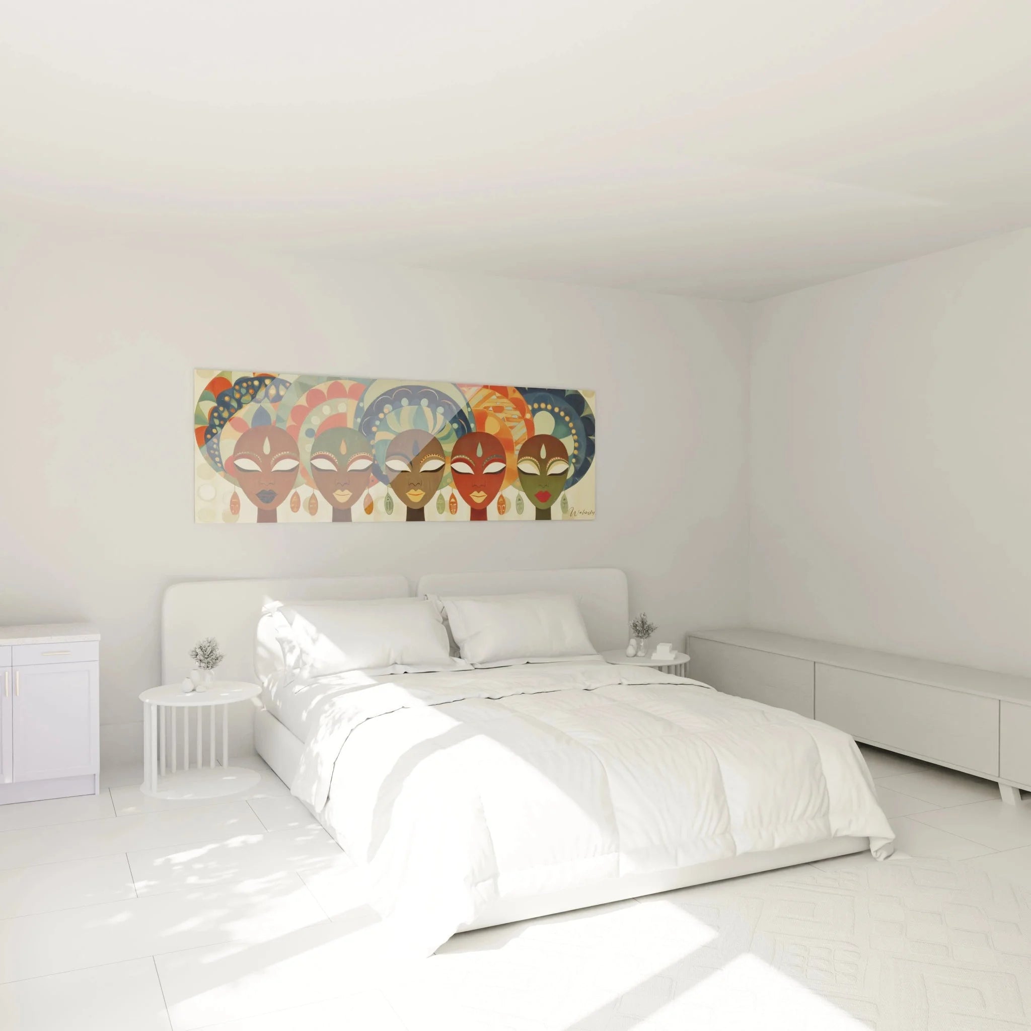 Schlafzimmer Wandbild afrikanische Frauen Masken als moderne Wanddeko über dem Bett