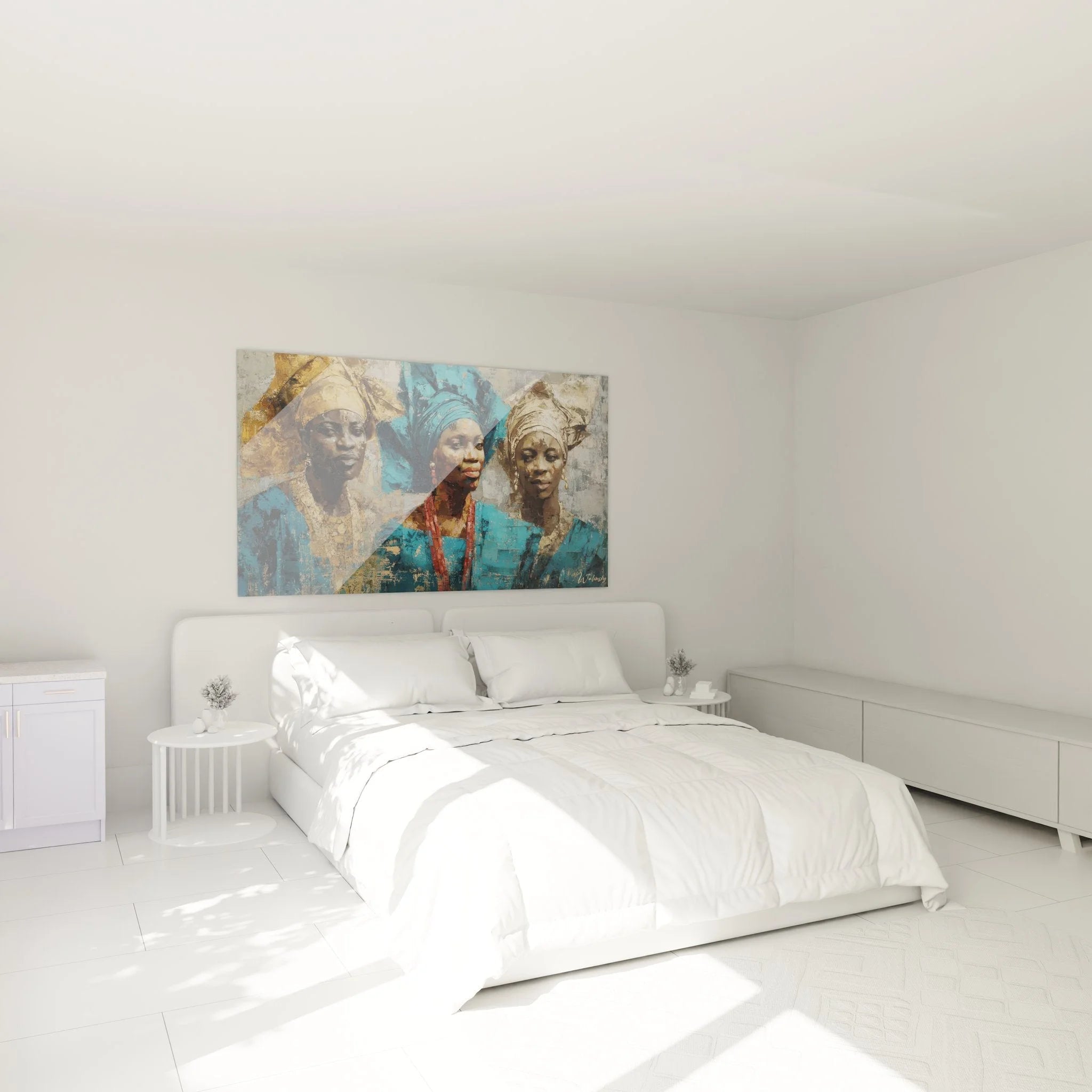 Schlafzimmer Dekoration mit Wandbild drei afrikanische Frauen Porträts in modernem Ambiente
