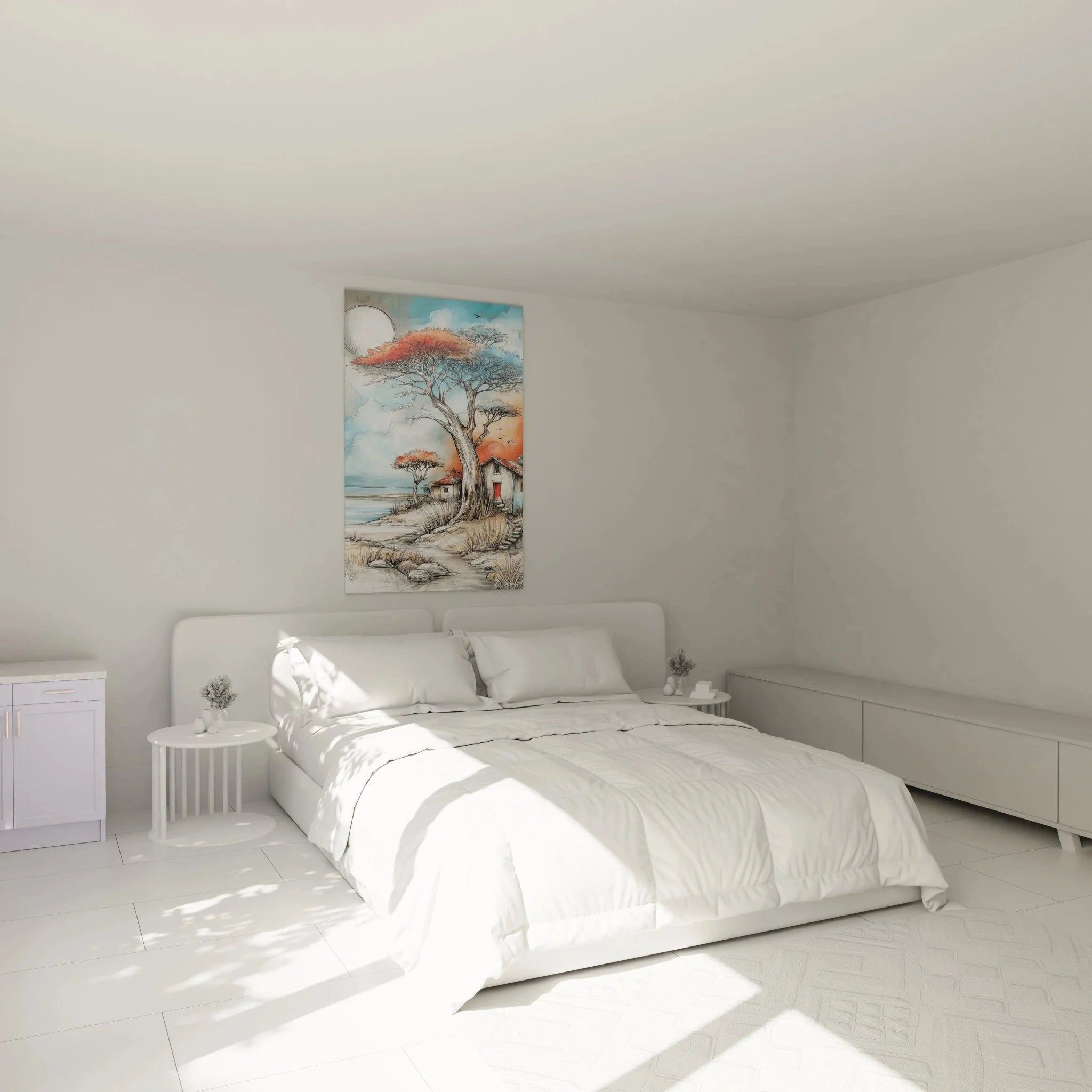 Schlafzimmer Ambiente mit Wandbild Baobab Afrika Küstenlandschaft Savanne Deko XXL Leinwand Wohnideen