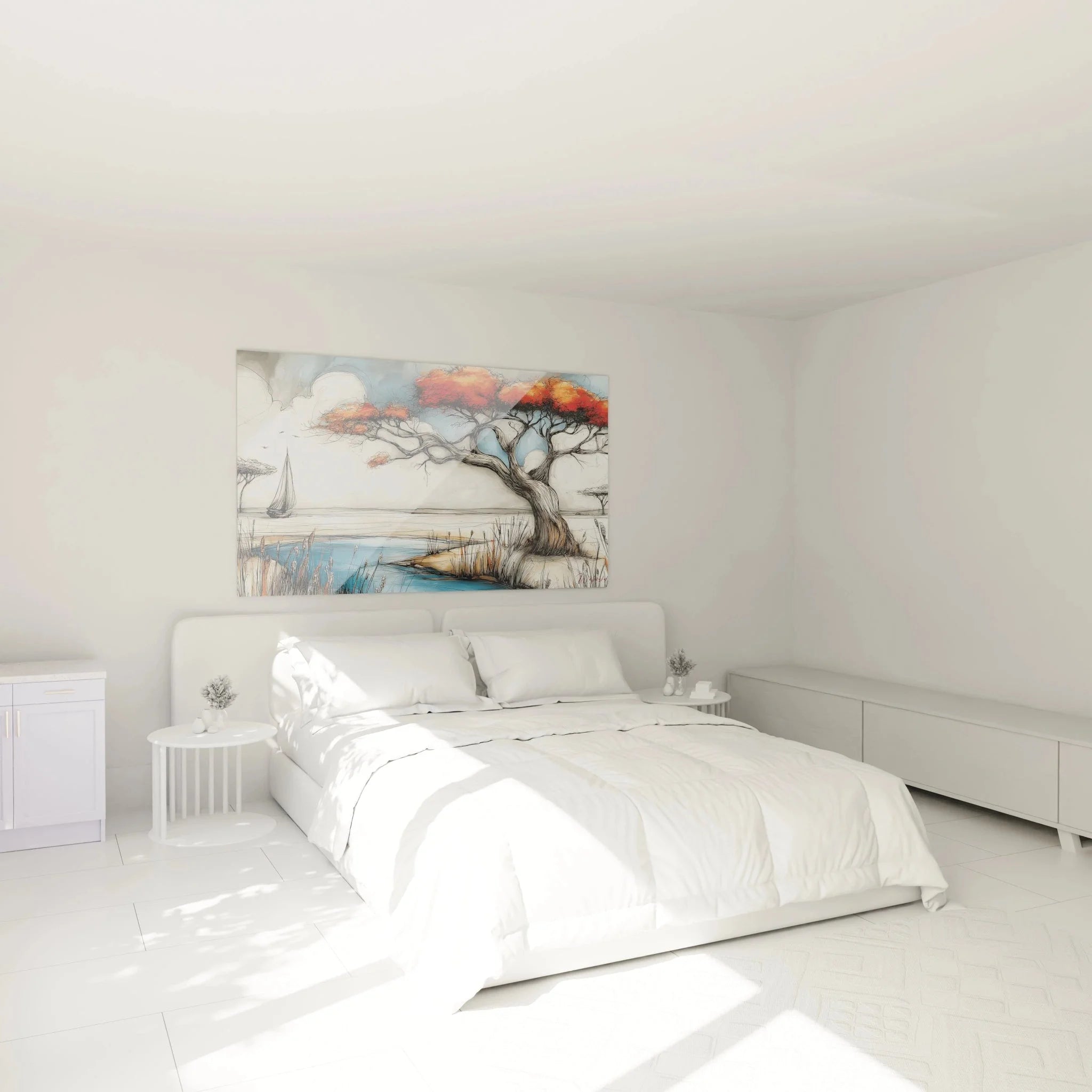 Schlafzimmer Ambiente mit Wandbild Baobab Afrika, moderne Wanddekoration Savanne Motiv über dem Bett