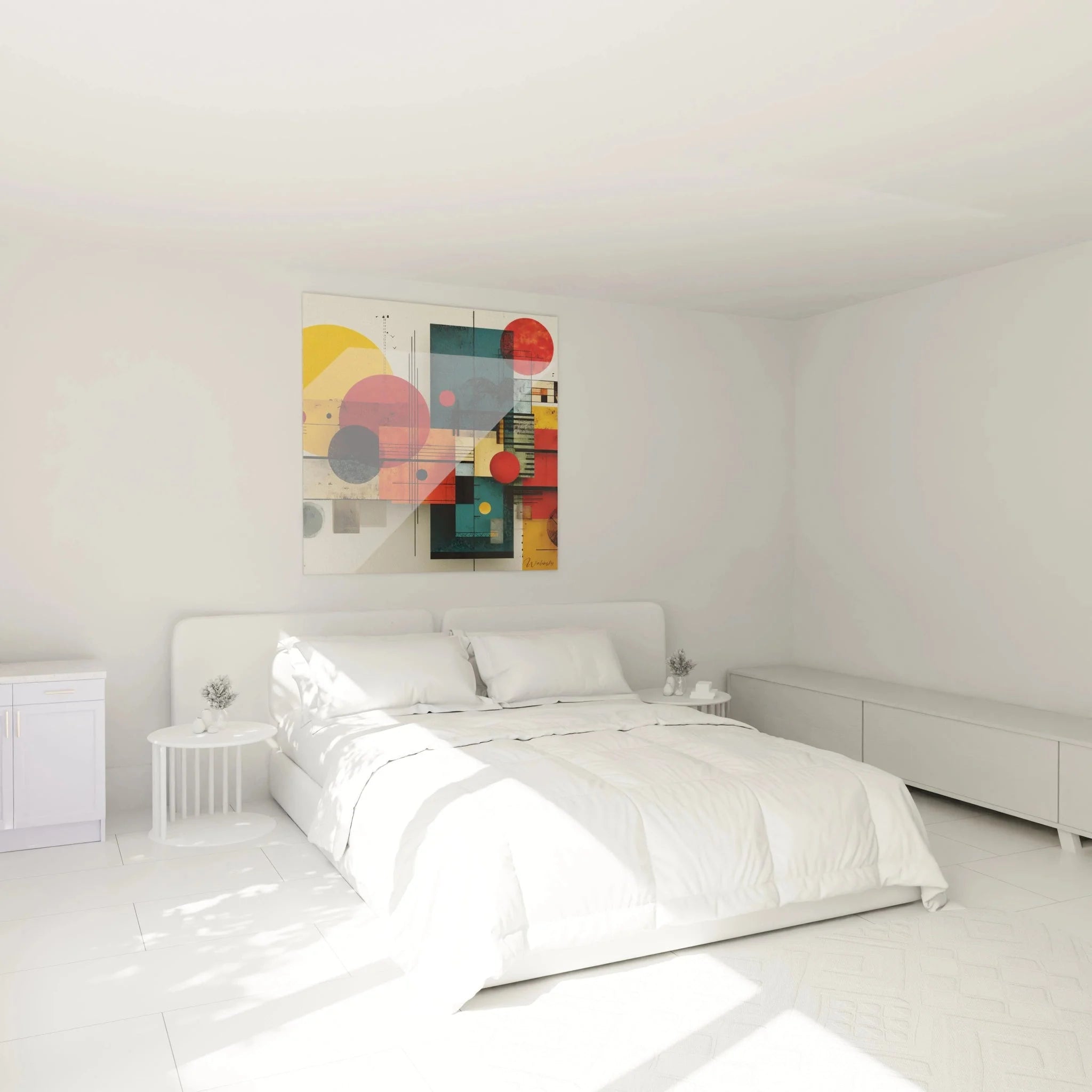 Schlafzimmer Wanddekoration geometrisches Wandbild Bauhaus Design abstrakte Kunstdruck Raumgestaltung
