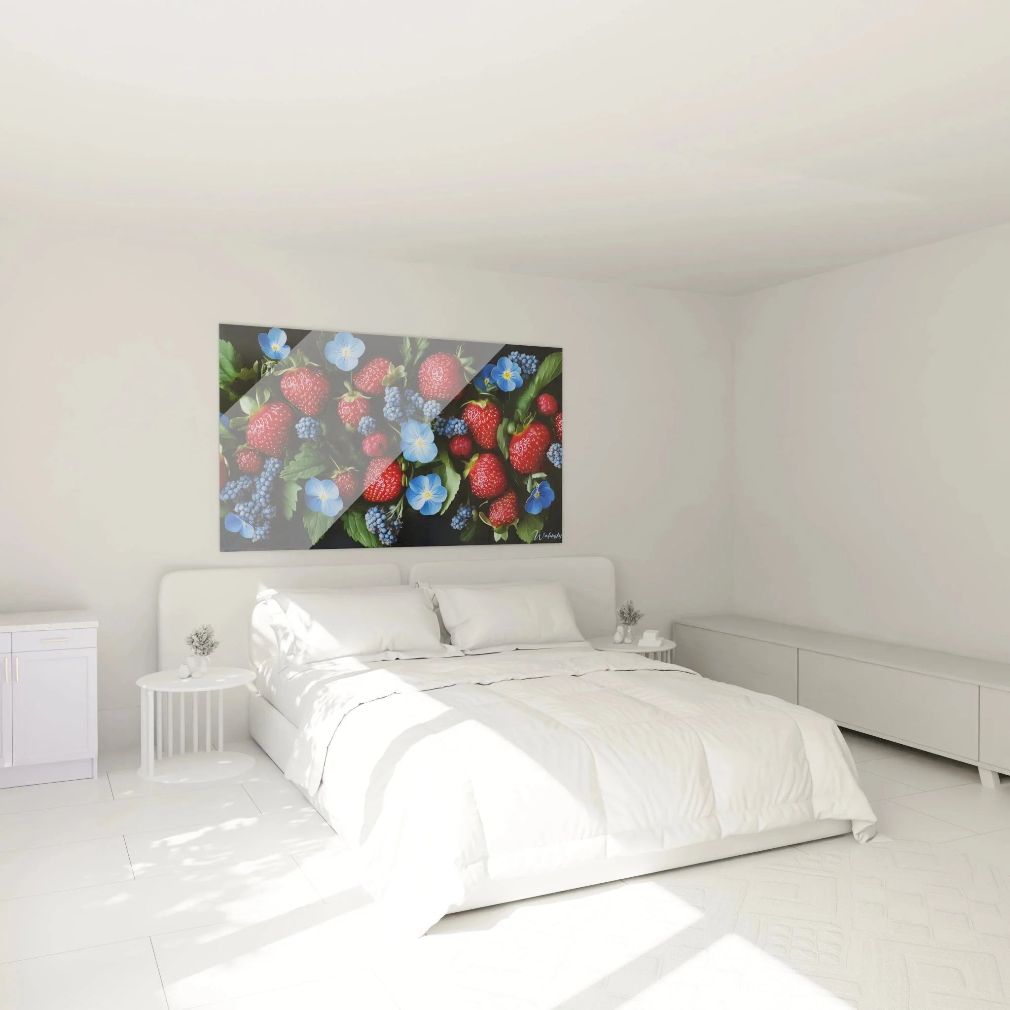 Schlafzimmer Ambiente mit Wandbild Sommerbeeren als moderne Wanddekoration über dem Bett