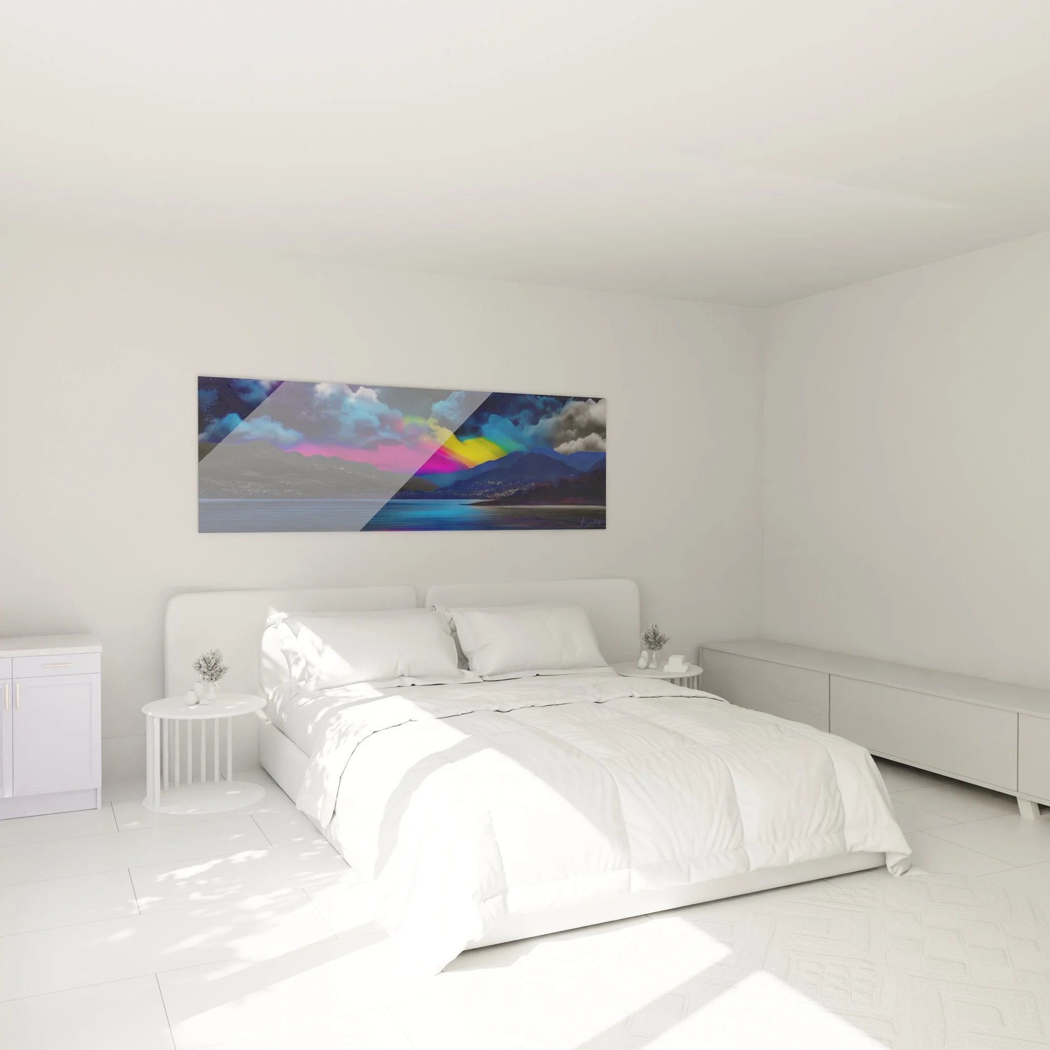 Moderne Schlafzimmer Dekoration mit Wandbild Berglandschaft in violetten Tönen