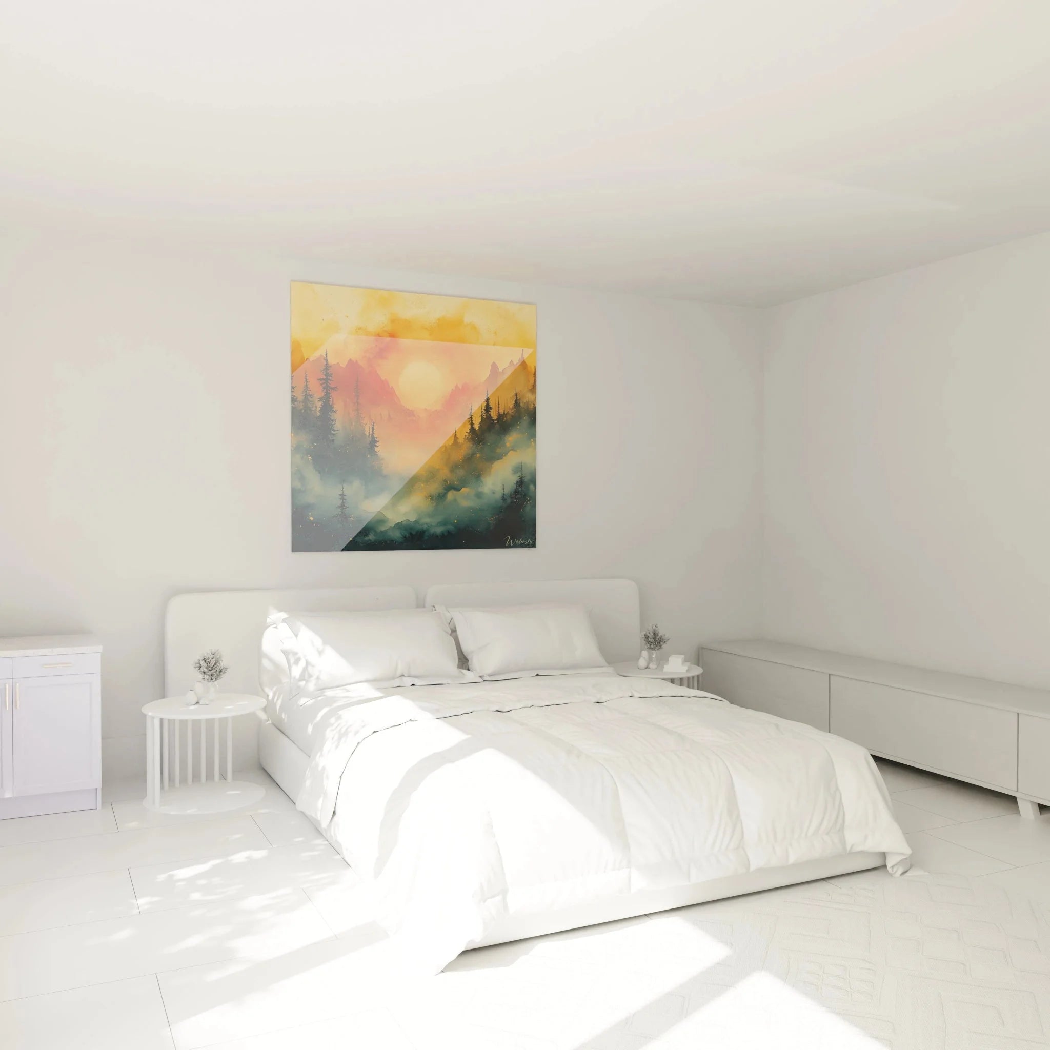 Schlafzimmer Wanddekoration Berglandschaft Sonnenuntergang in warmen Goldtönen