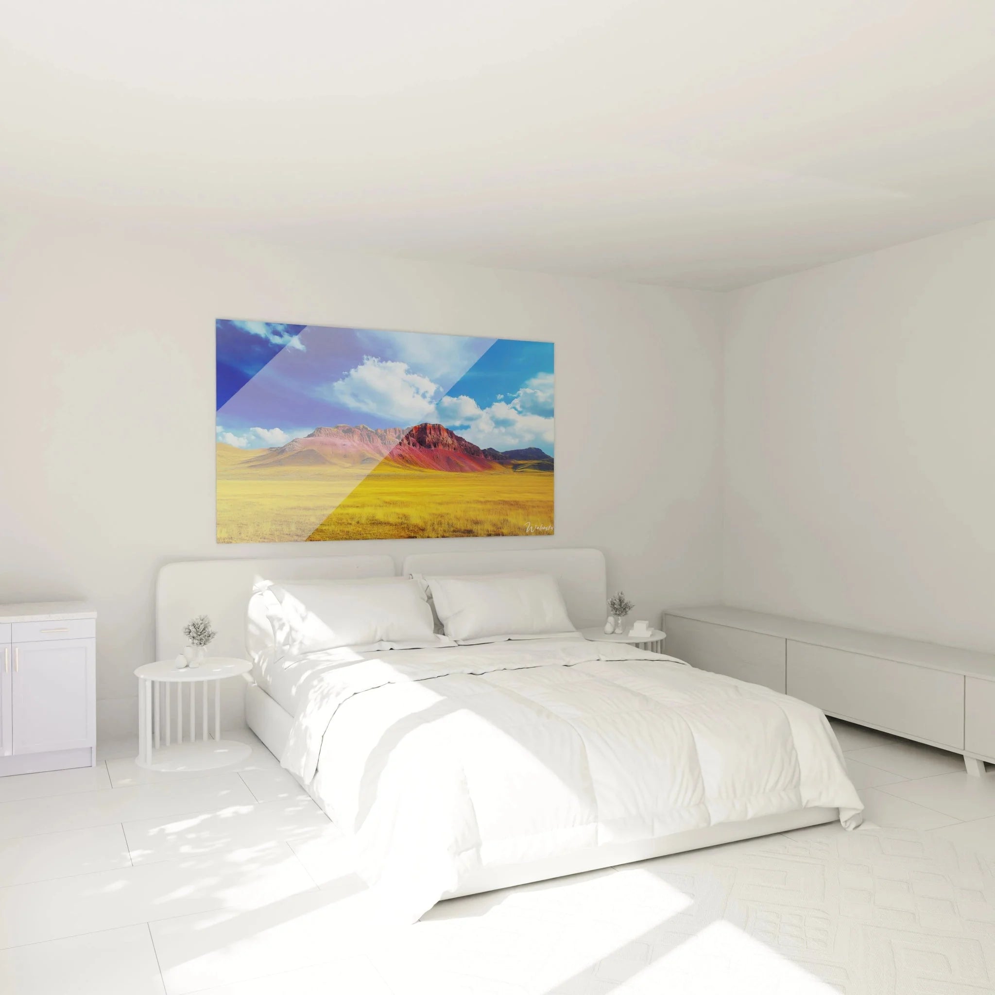 Schlafzimmer Dekoration mit Wandbild Berglandschaft - rote Felsen und Wüstenpanorama als Kunstdruck