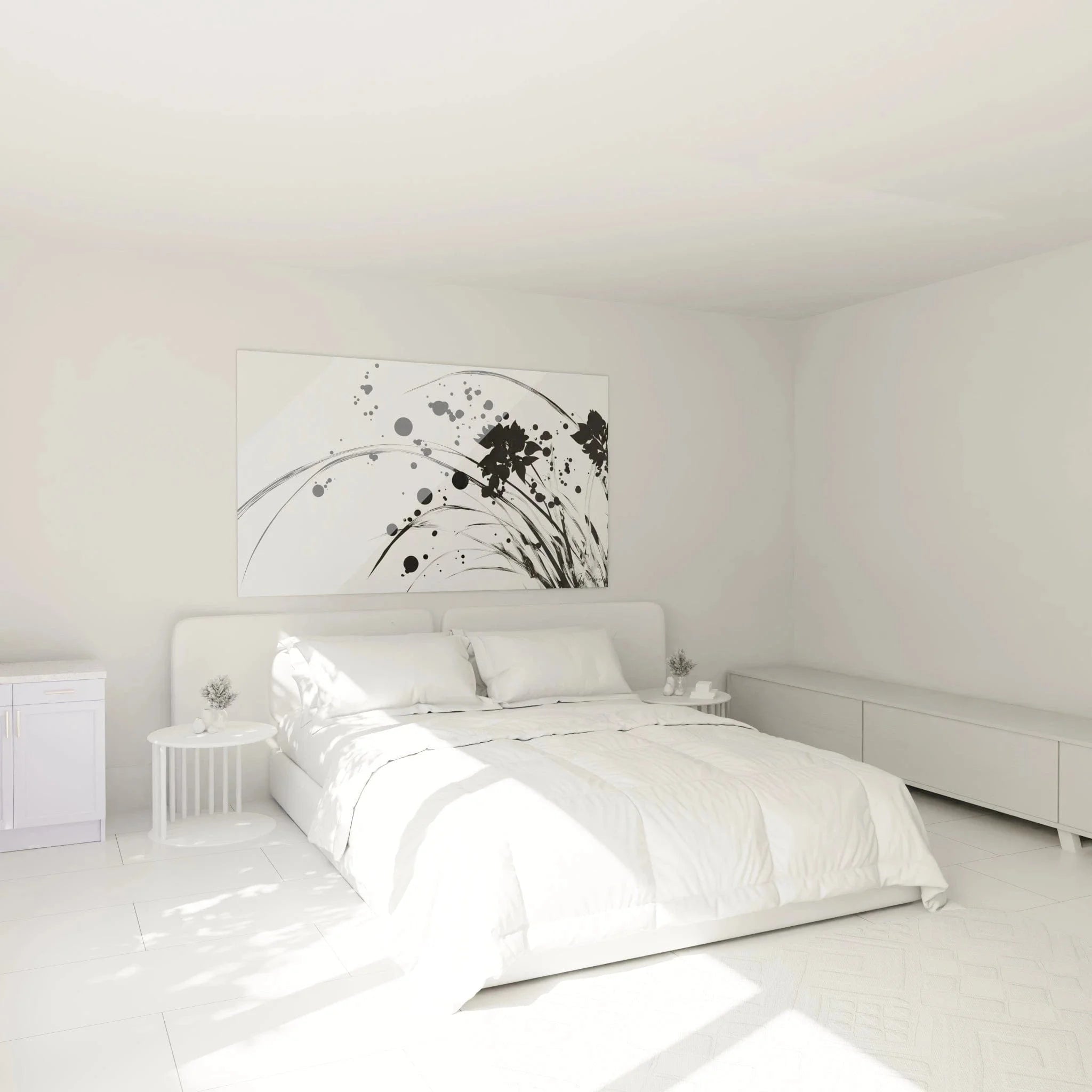 Schlafzimmer Dekoration mit abstraktem Blüten Wandbild in elegantem Schwarz-Weiß Design