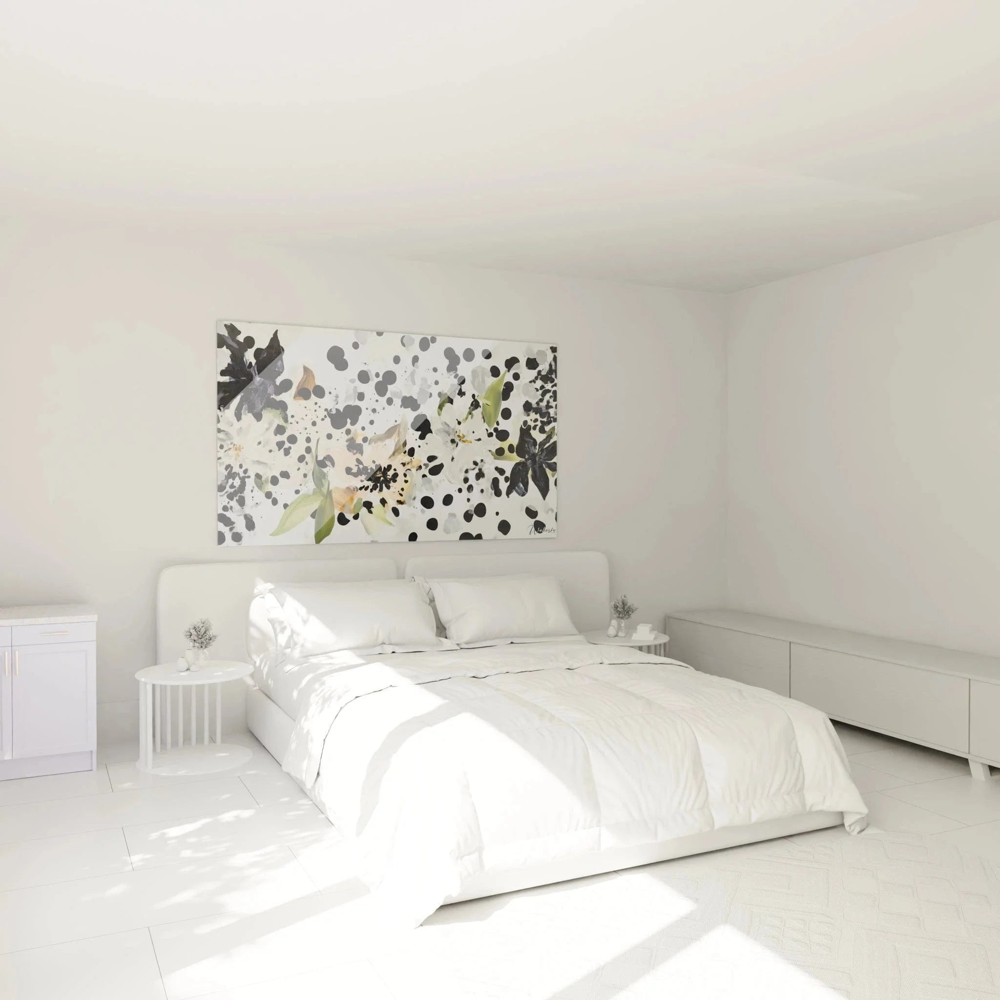 Modernes Schlafzimmer mit botanischem Wandbild in Schwarz-Weiß über dem Bett, stilvolle Wanddekoration