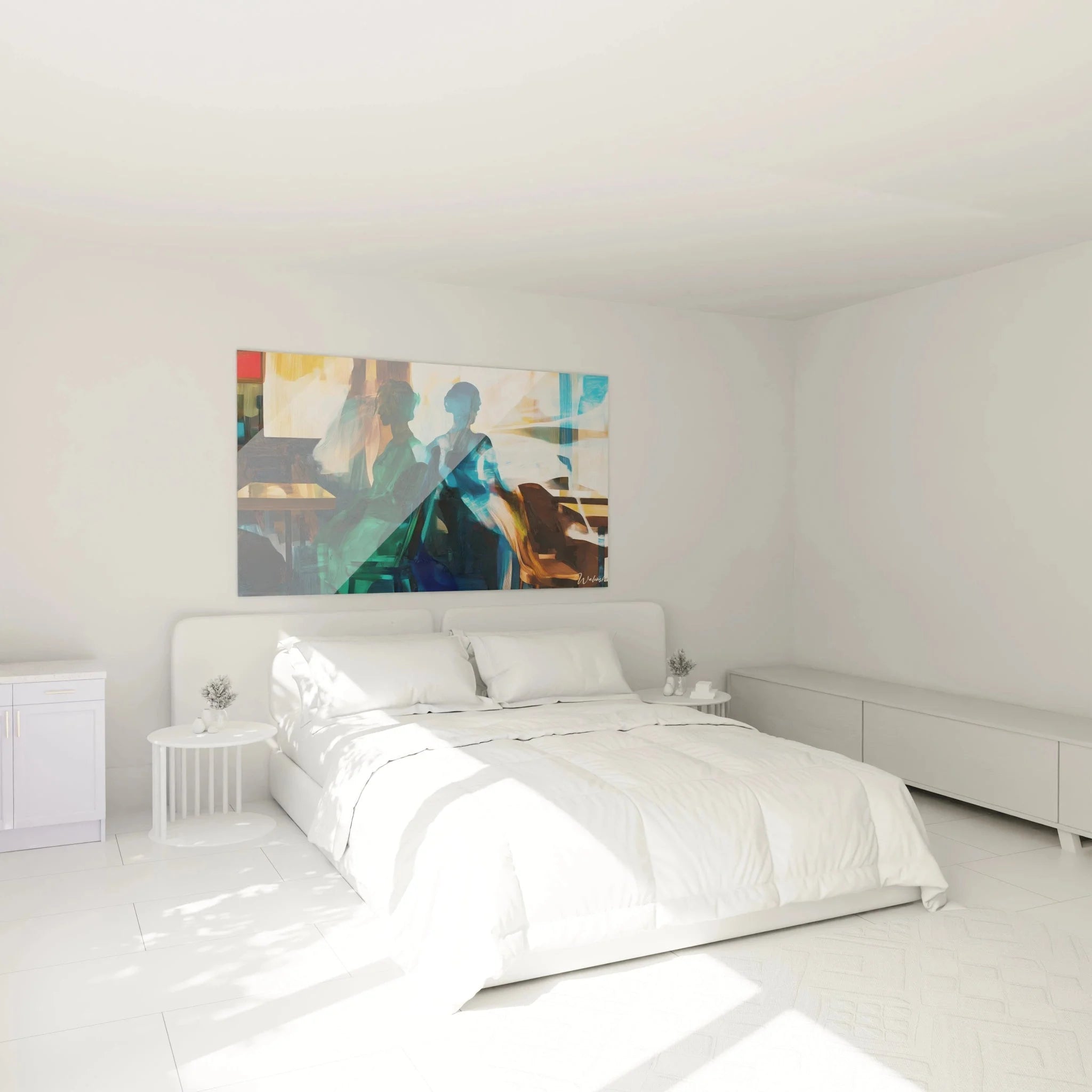 Schlafzimmer Dekoration mit Edward Hopper Wandbild Café Szene in warmen Farbtönen