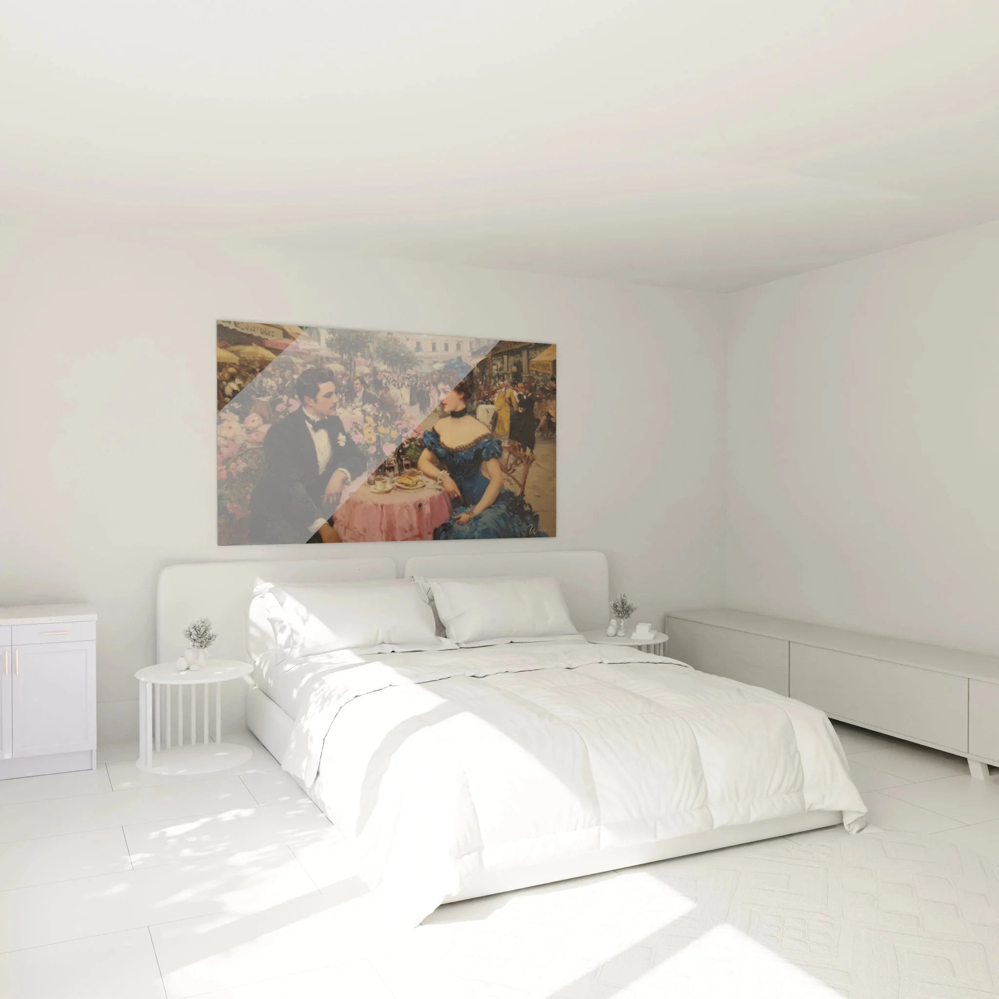 Schlafzimmer Wanddekoration - Romantisches Café Wandbild im klassizistischen Stil über dem Bett