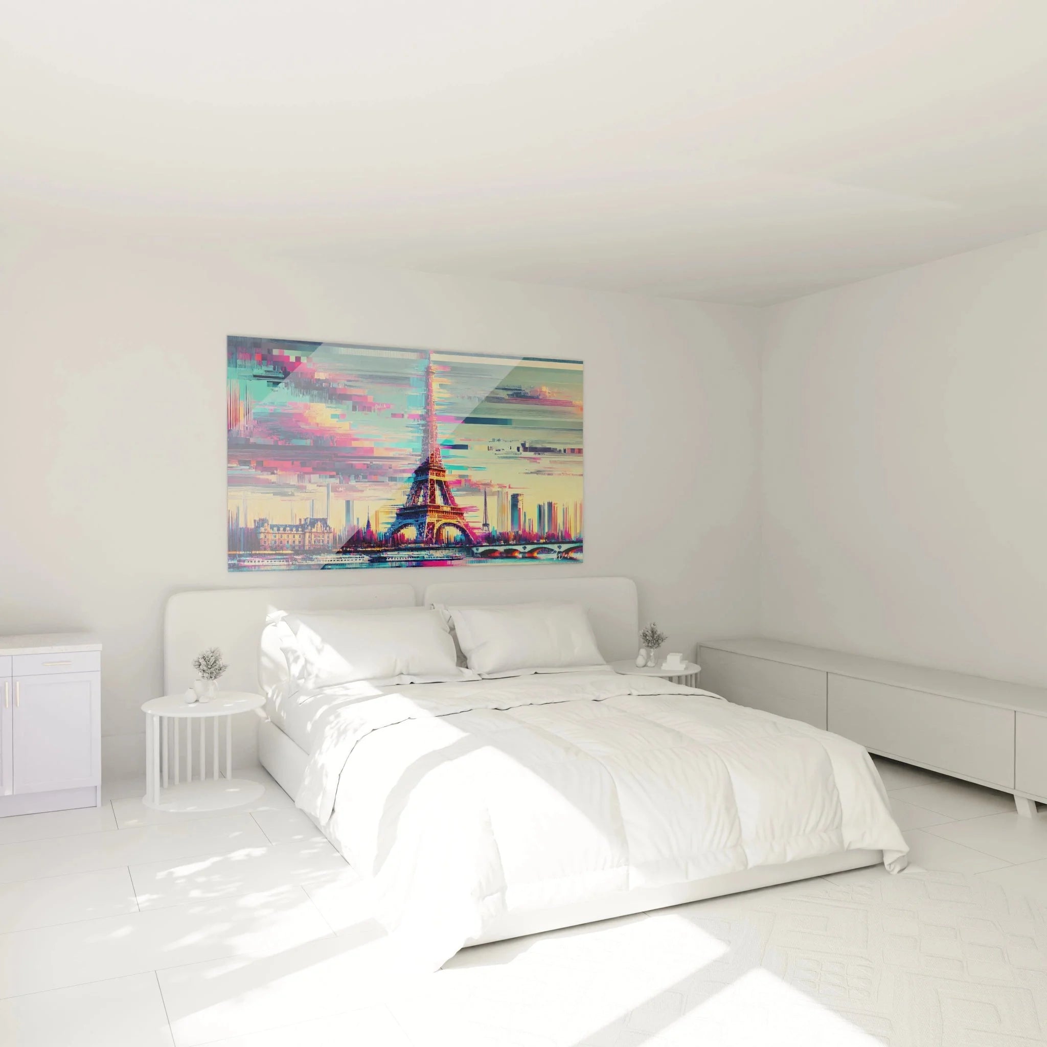 Schlafzimmer Wanddekoration mit abstraktem Eiffelturm Wandbild in Glitch Art Stil