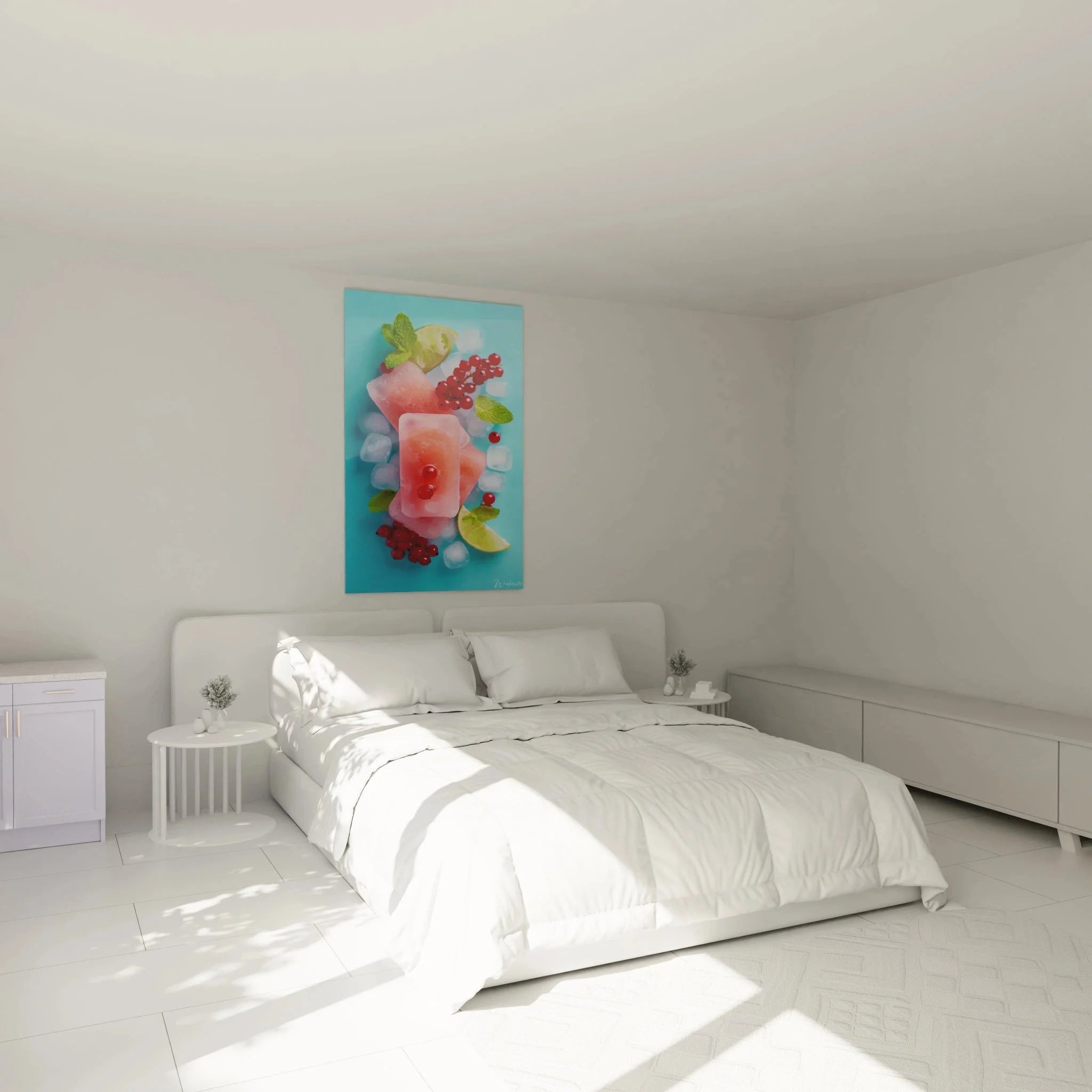 Schlafzimmer Ambiente mit Wandbild Eis Popsicle sommerliche Wanddeko über Bett hängend