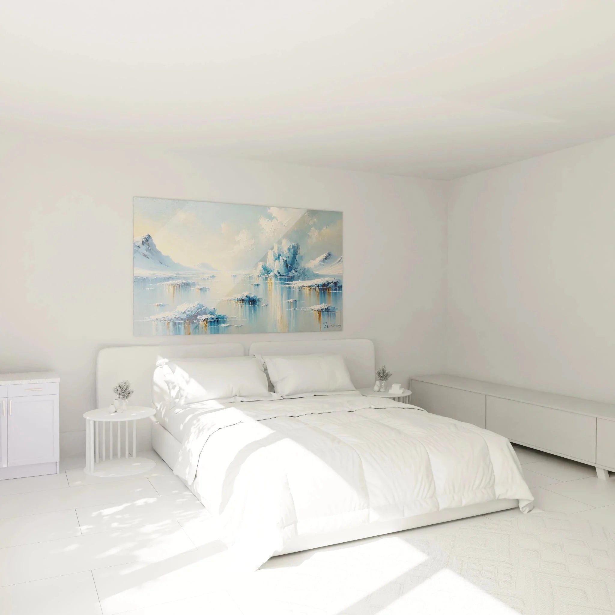 Arktisches Wandbild XXL im Schlafzimmer, winterliche Eislandschaft als beruhigende Wanddekoration über dem Bett