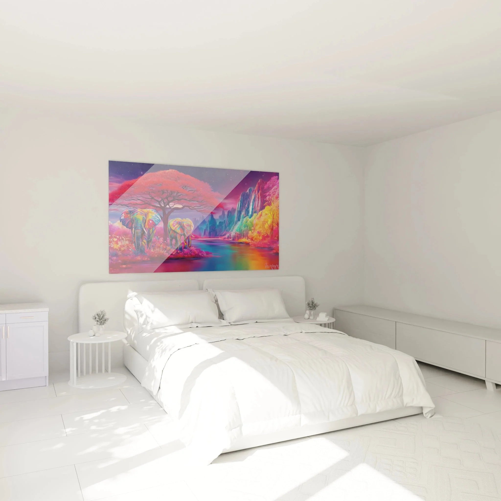 Schlafzimmer Dekoration mit buntem Elefanten Wandbild Afrika in leuchtenden Farben