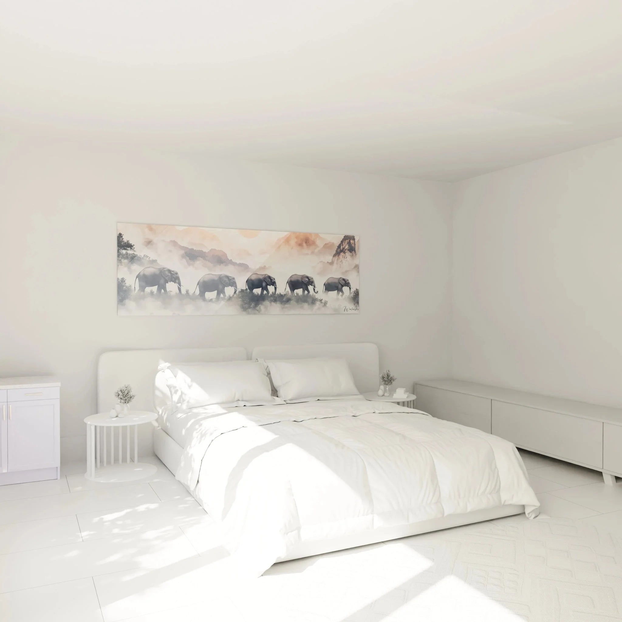 Schlafzimmer Wandbild XXL Elefanten in mystischer Nebellandschaft - beruhigende Safari Wanddekoration