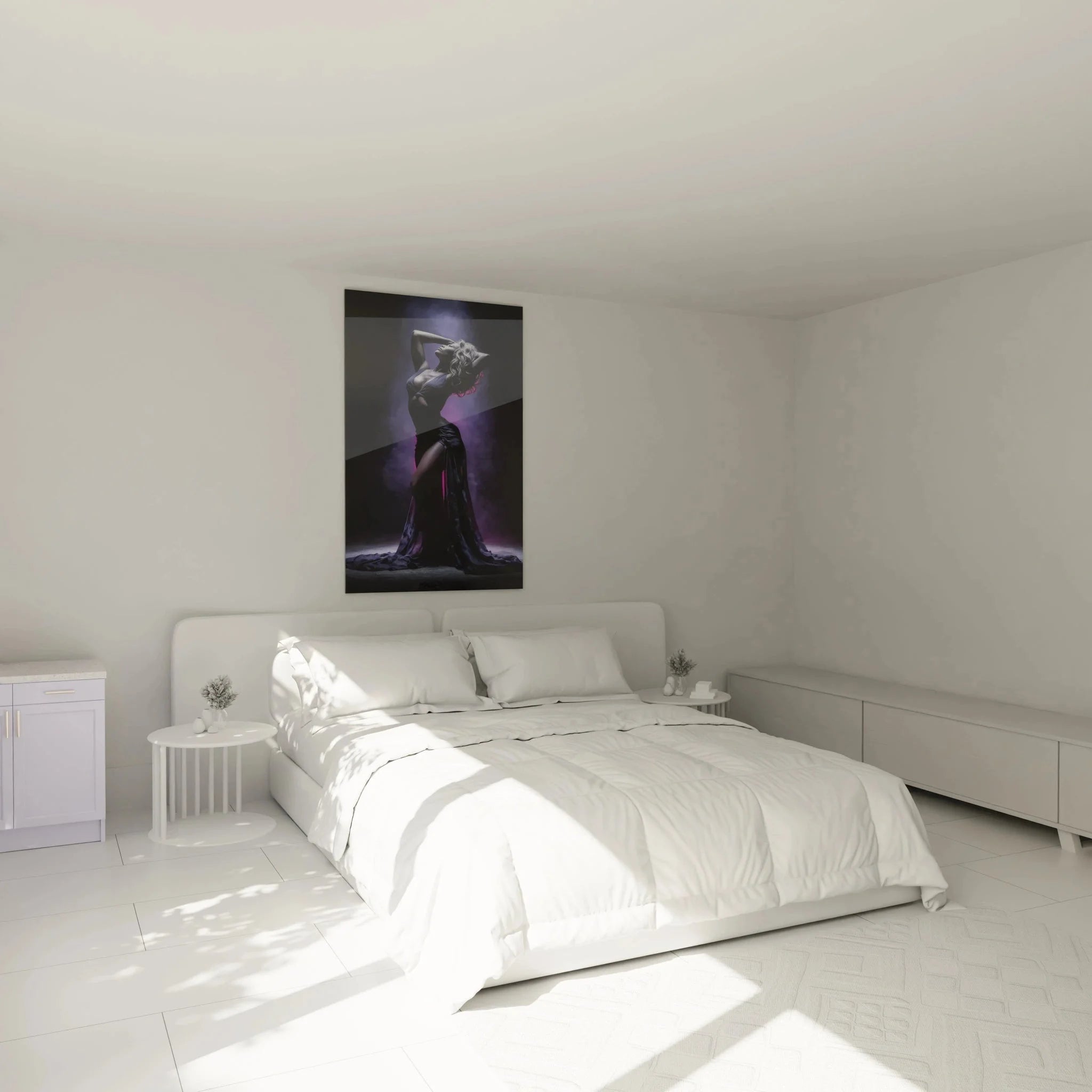 Schlafzimmer Ambiente Wandbild elegante Frau mystische Stimmung violette Töne Wanddekoration