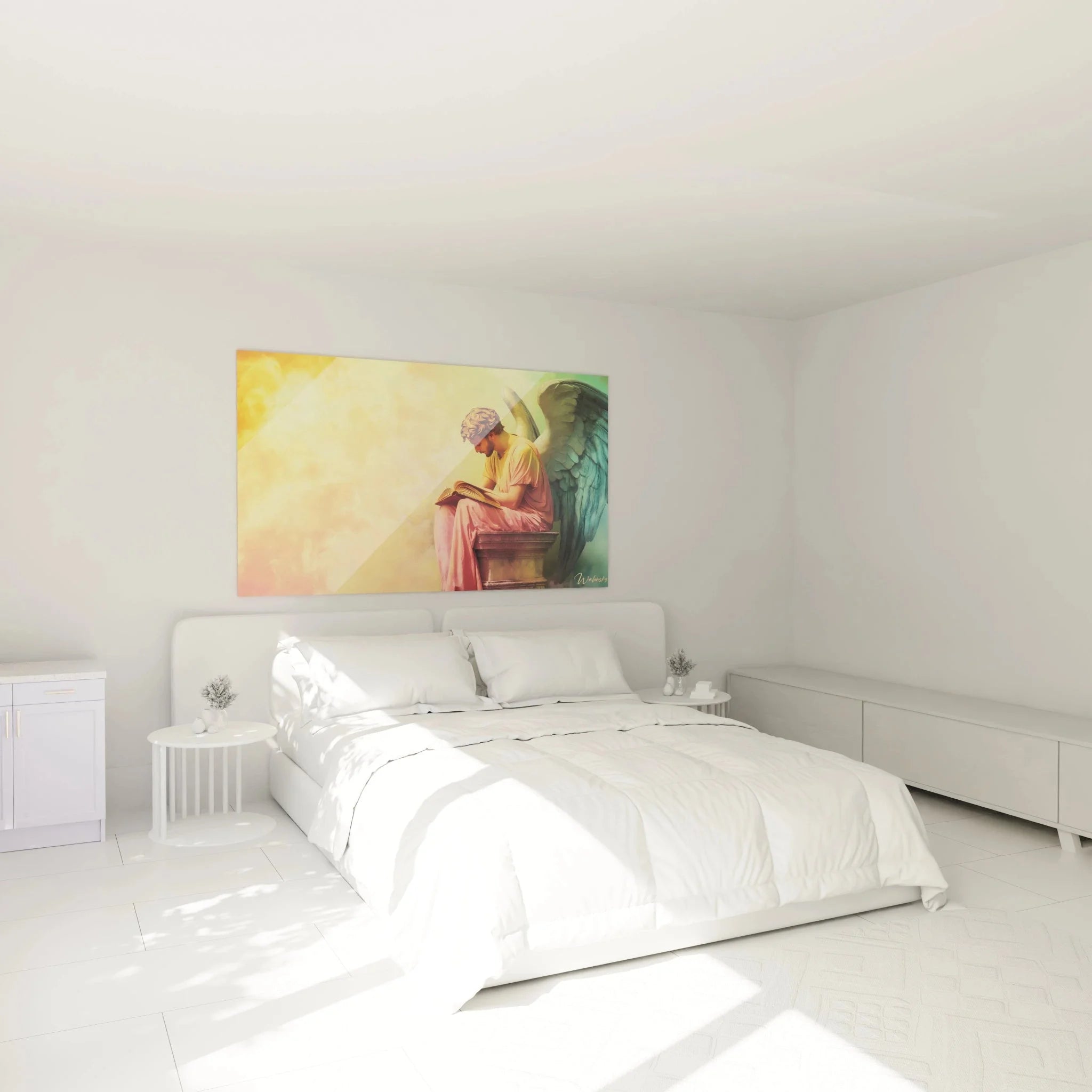 Schlafzimmer Dekoration mit Wandbild Engel mit Buch, spirituelle Atmosphäre in warmen Goldtönen