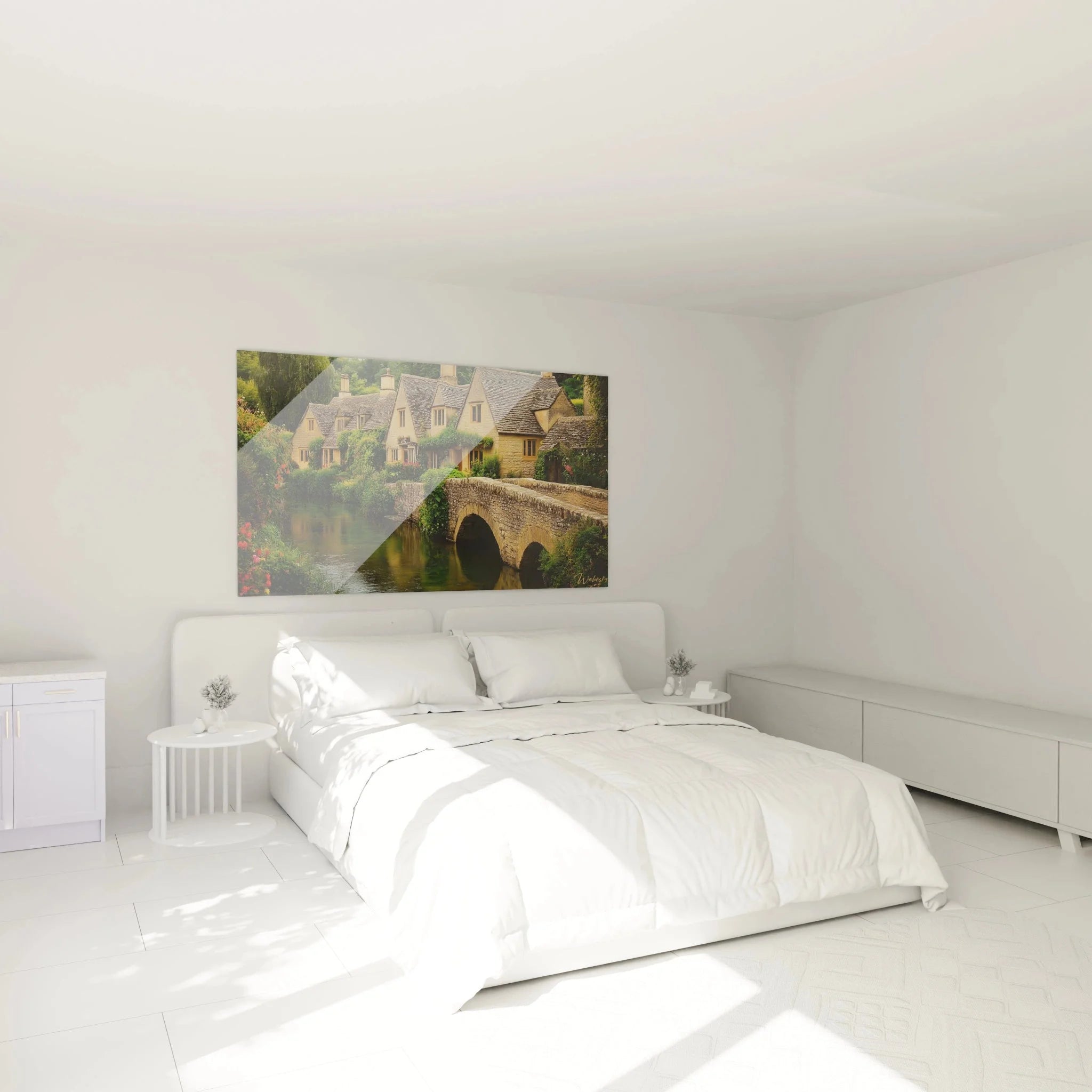 Schlafzimmer Dekoration mit Wandbild englisches Dorf Cotswolds steinerne Brücke Landschaft