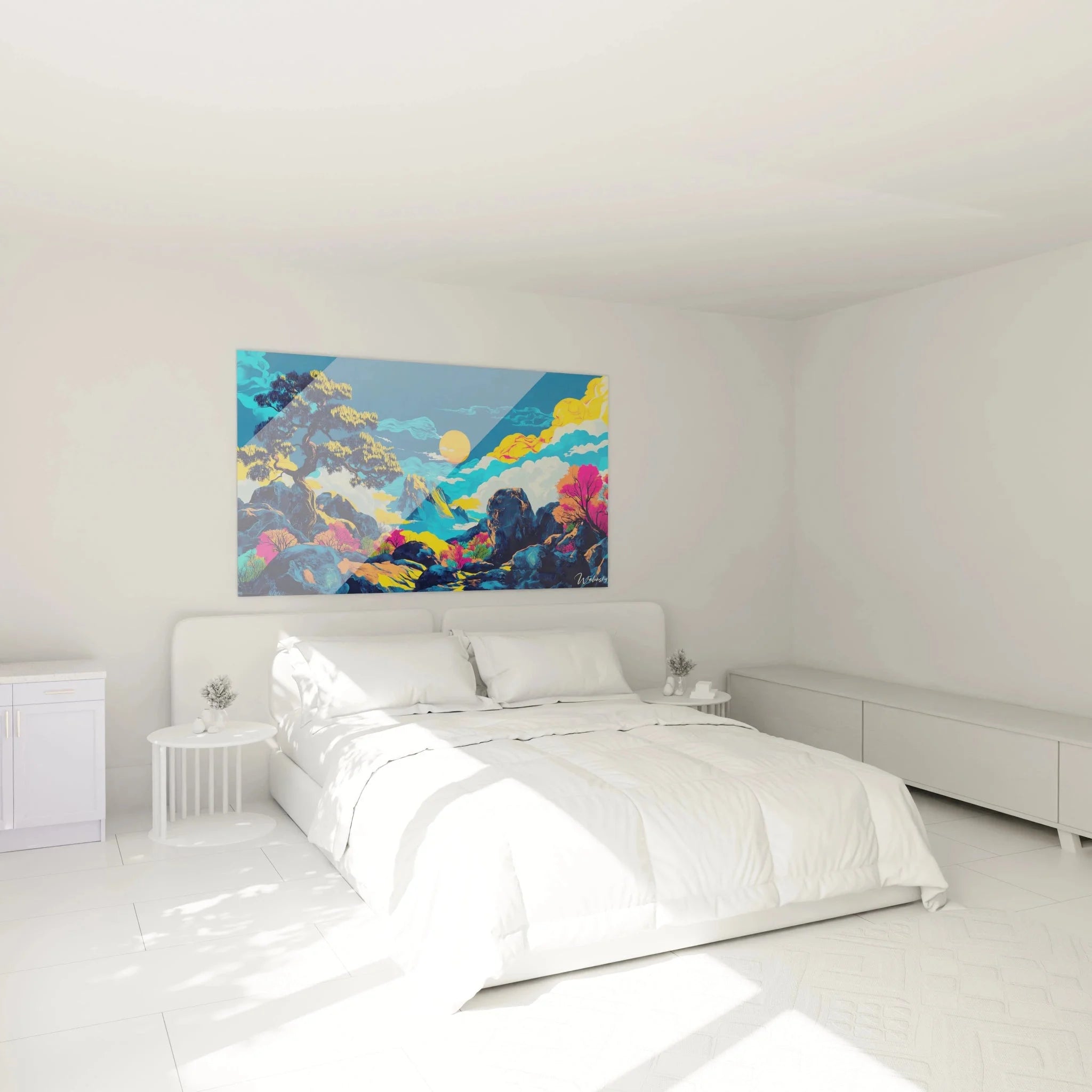 Schlafzimmer Wanddeko mit Fantasielandschaft Motiv, mystische Bergwelt in warmen Farbtönen als XXL Wandbild