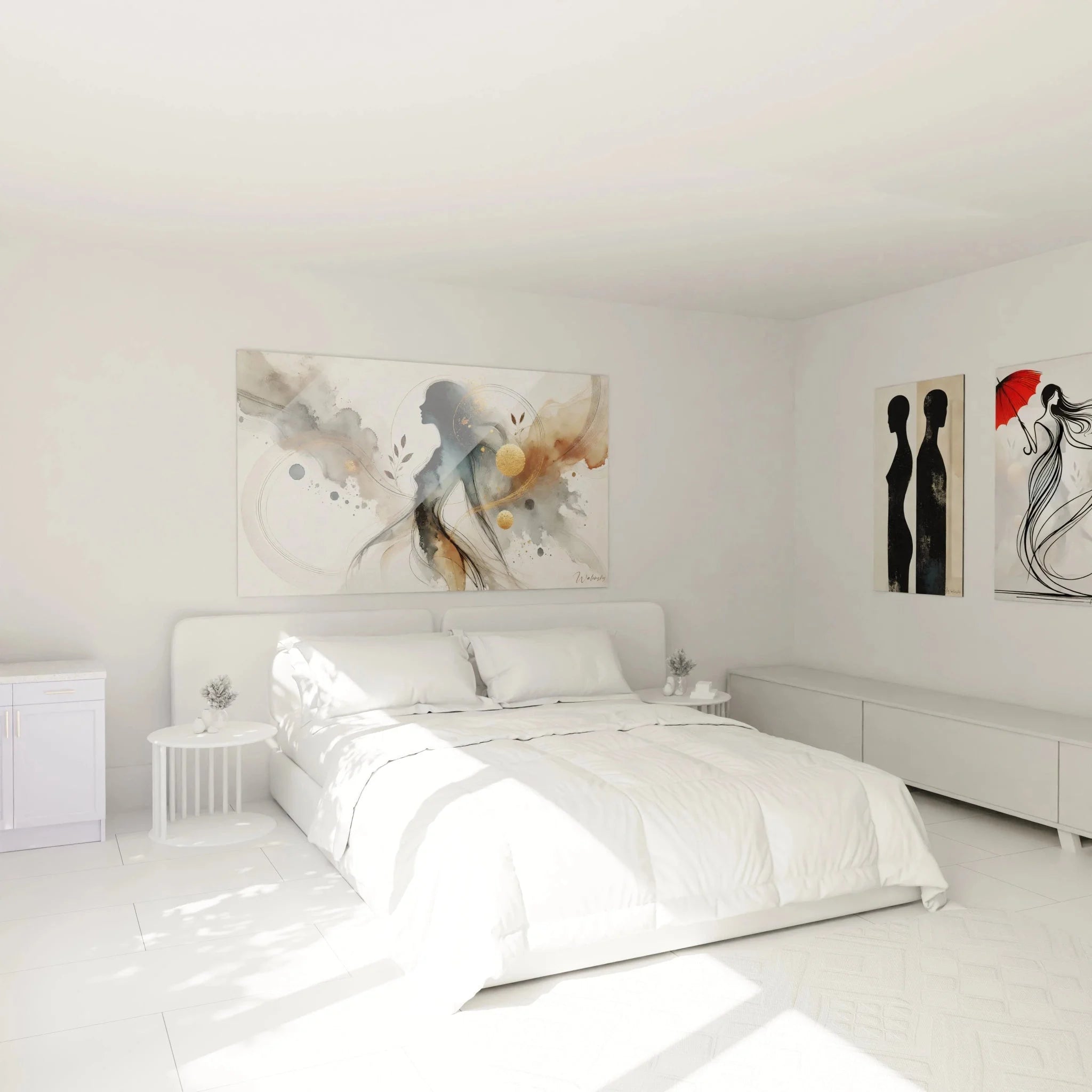 Elegantes Wandbild mit abstrakter Frauenfigur als Schlafzimmer-Dekoration in sanften Erdtönen