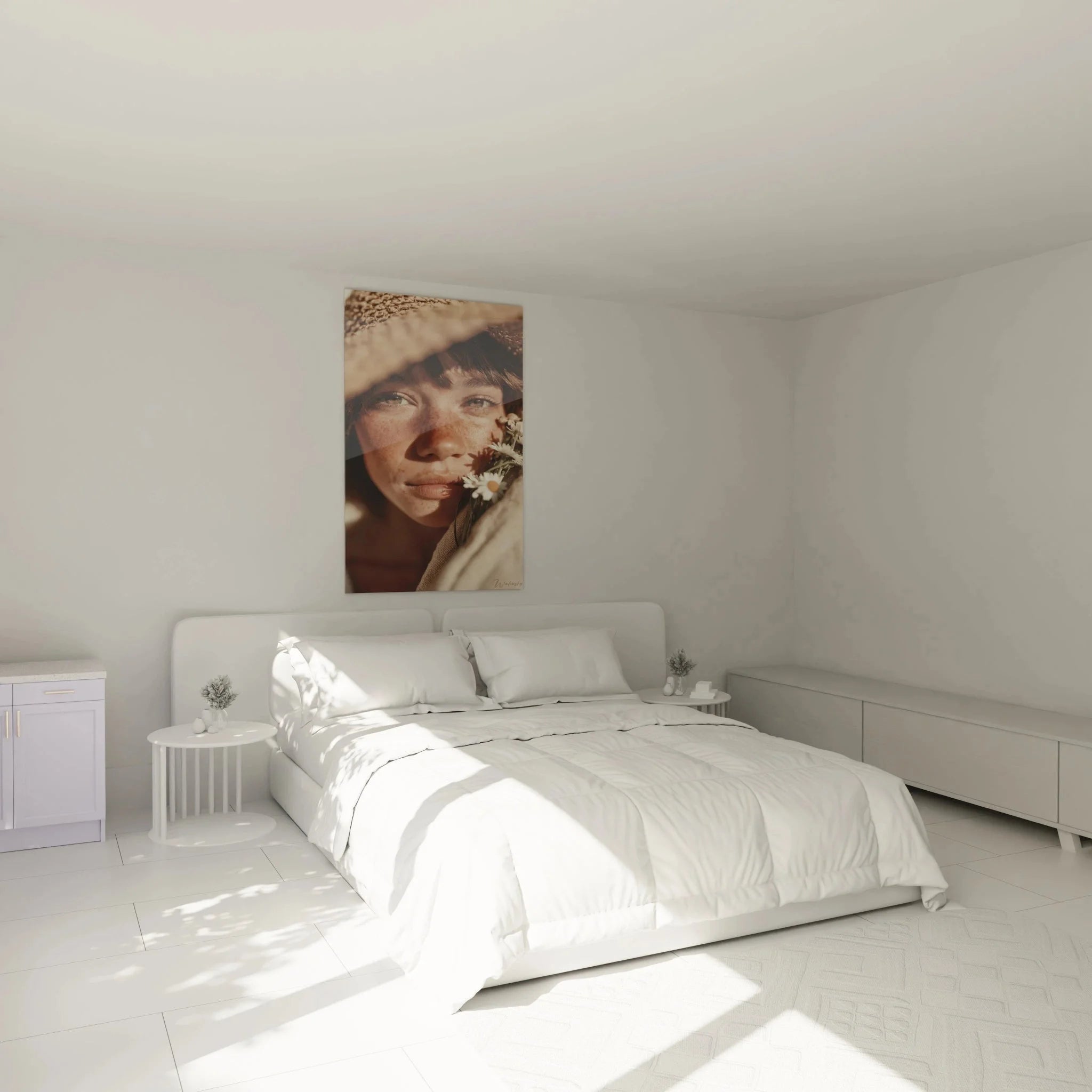 Schlafzimmer Dekoration mit Wandbild Frau Gänseblümchen natürliche Wandkunst Sommer