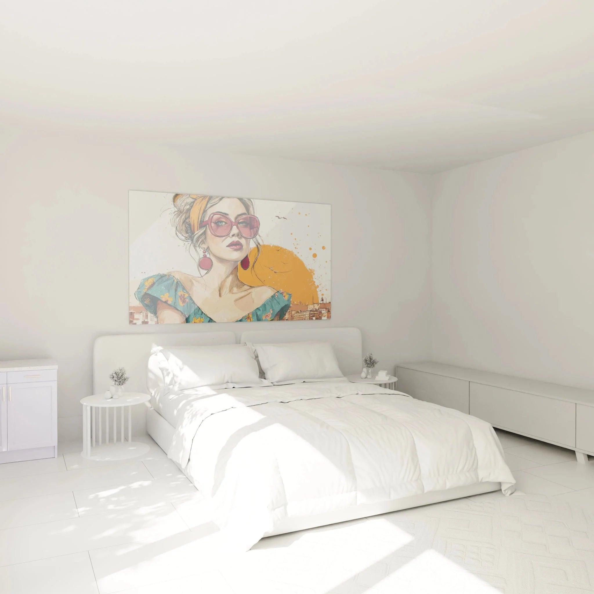 Schlafzimmer Dekoration mit Wandbild Frau Sonnenbrille, stilvolle Modeillustration über dem Bett