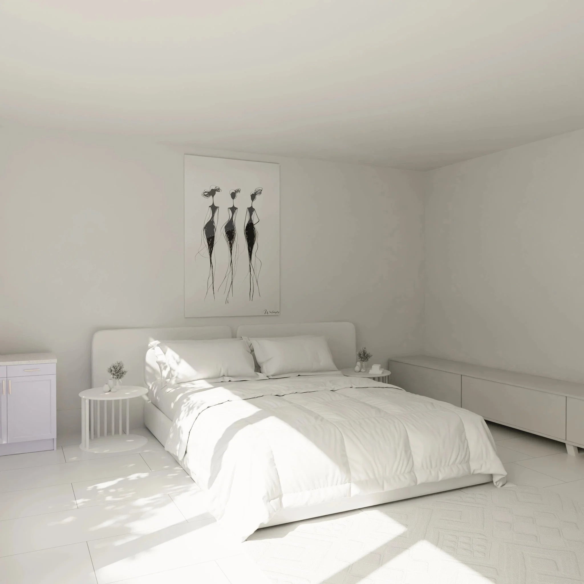 Schlafzimmer Ambiente mit Wandbild drei Frauensilhouetten, elegante Wanddekoration über dem Bett