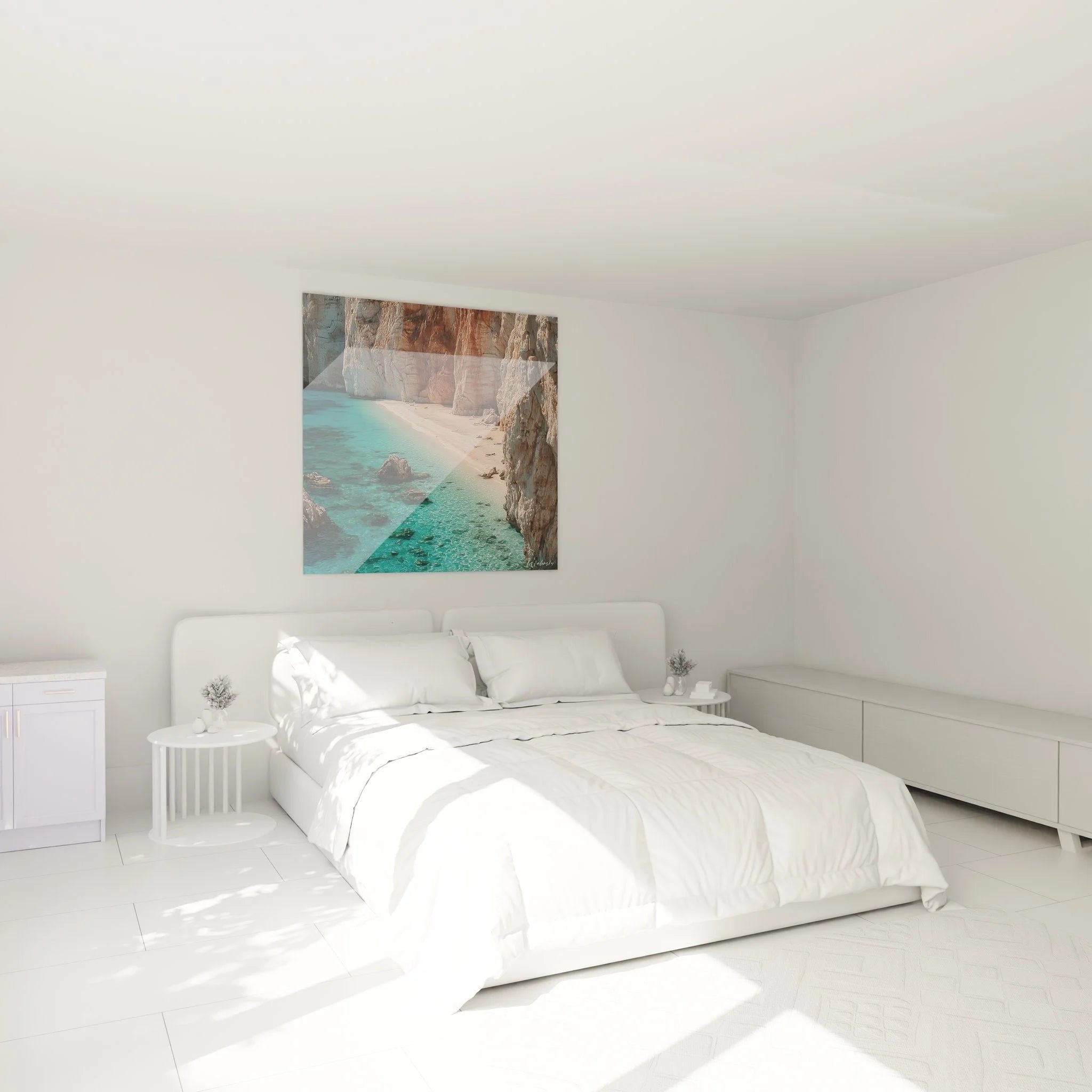 Schlafzimmer Dekoration mit Wandbild geheime Bucht - türkisblaue Meereslandschaft über dem Bett