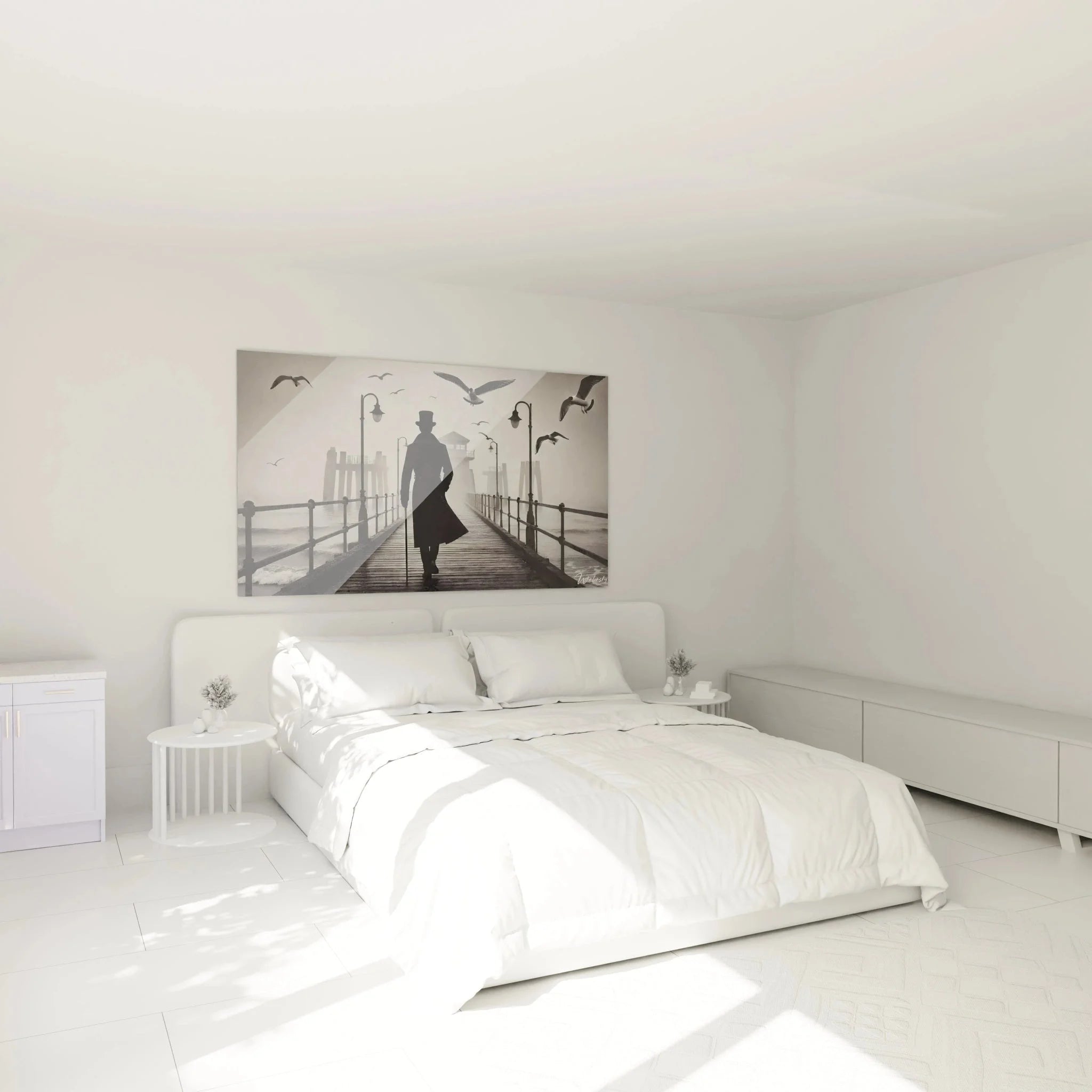 Schlafzimmer Dekoration mit Wandbild Gentleman am Pier, elegante schwarz-weiß Wandkunst