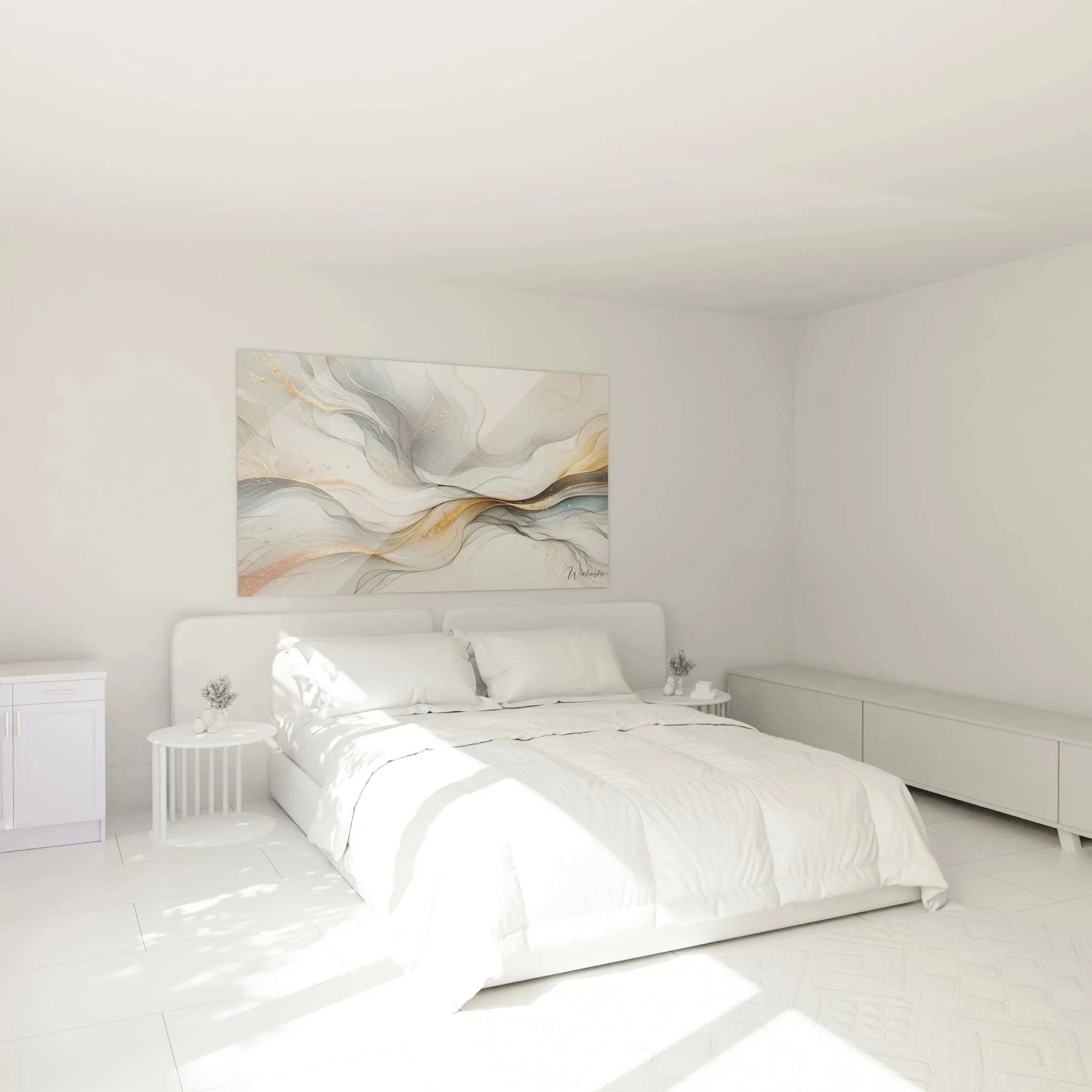 Abstraktes Wandbild mit goldenen Wellen im Schlafzimmer, elegante Raumgestaltung