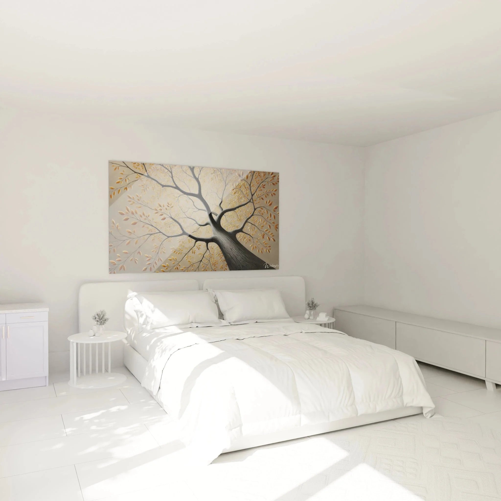 Schlafzimmer Ambiente mit Wandbild XXL goldener Baum als stilvolle Wanddekoration über dem Bett