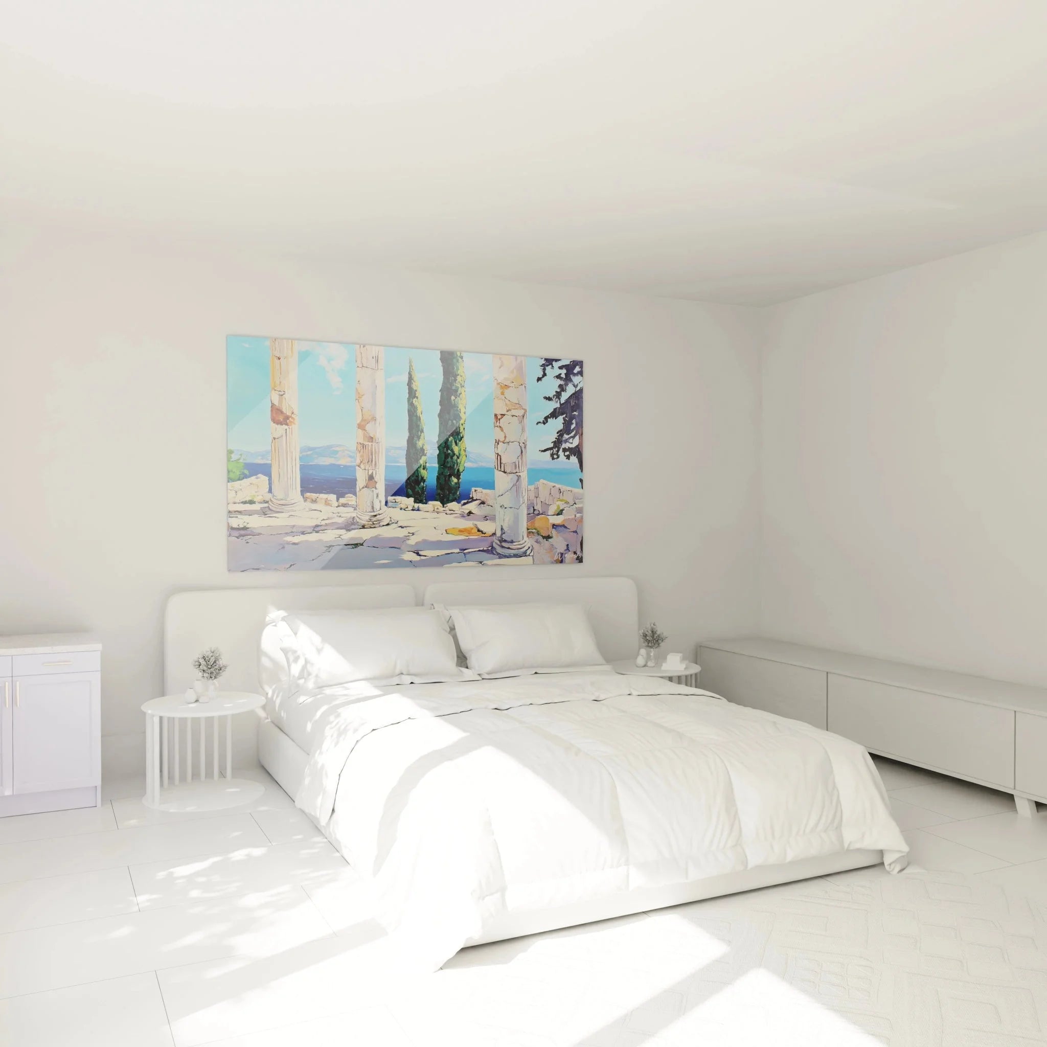 Schlafzimmer Ambiente mit Wandbild griechischer Tempel und Mittelmeer Panorama an der Wand
