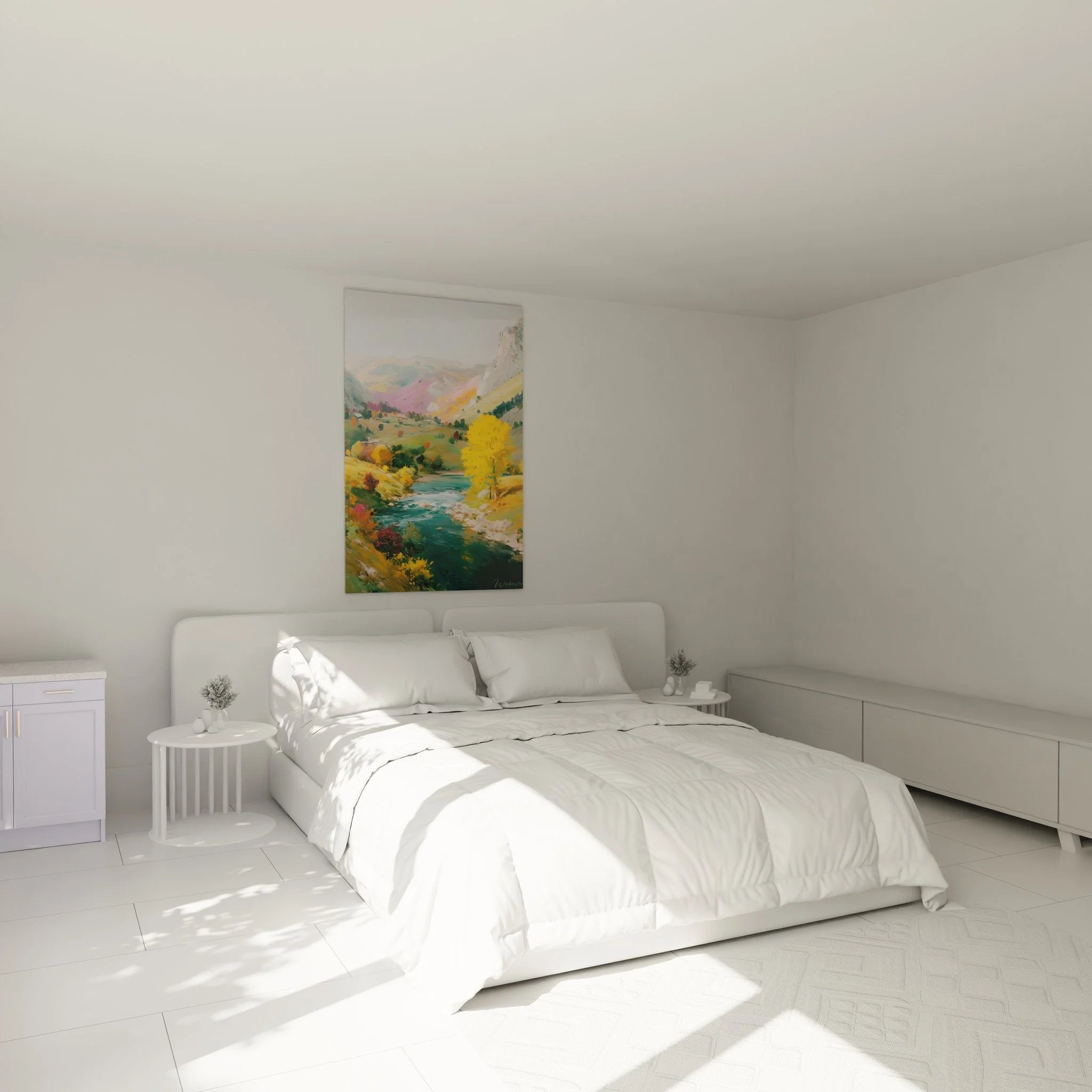 Schlafzimmer Wanddekoration mit Herbst Gebirgstal Kunstdruck in warmen Farbtönen