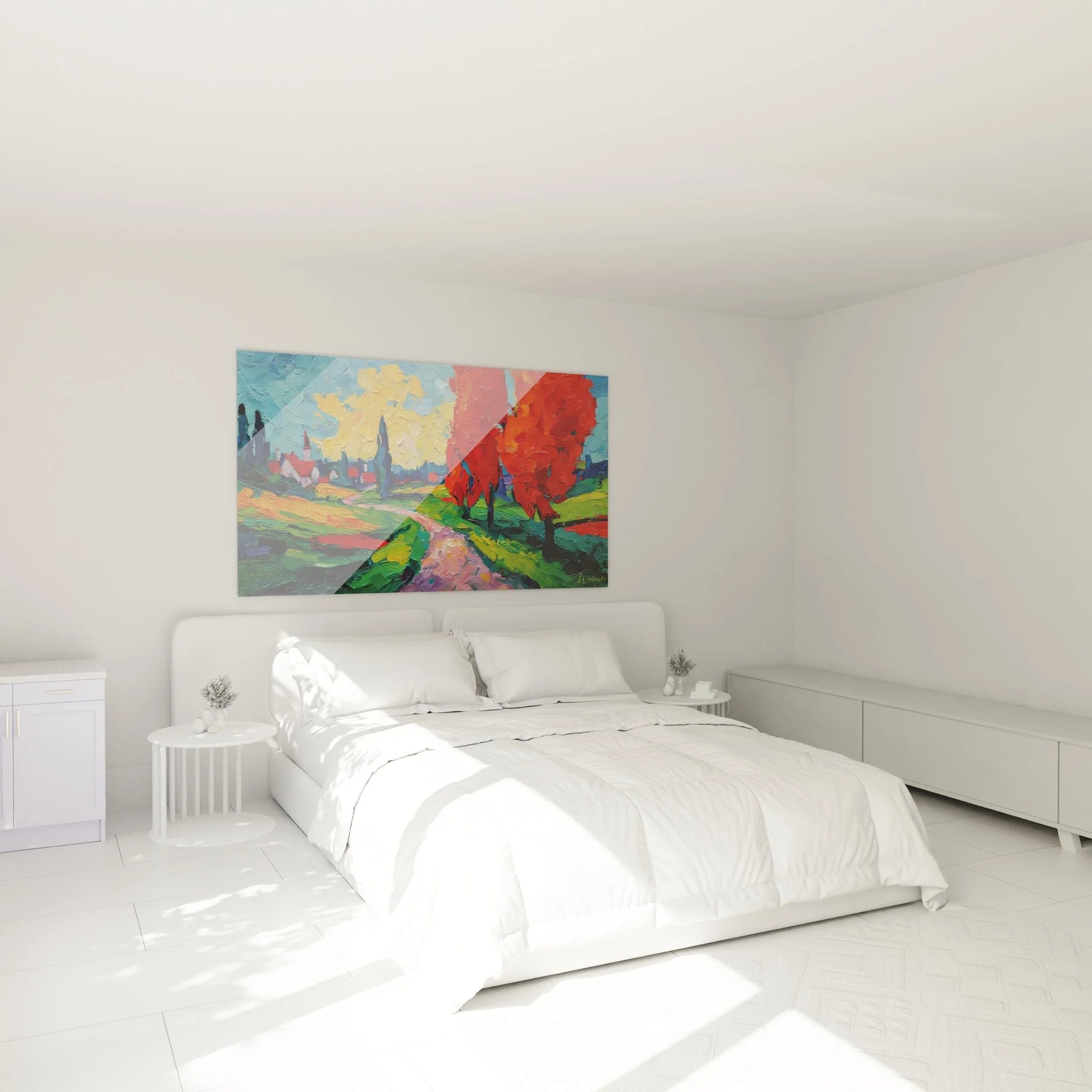 Schlafzimmer Dekoration mit Wandbild Herbstlandschaft in warmen Farben