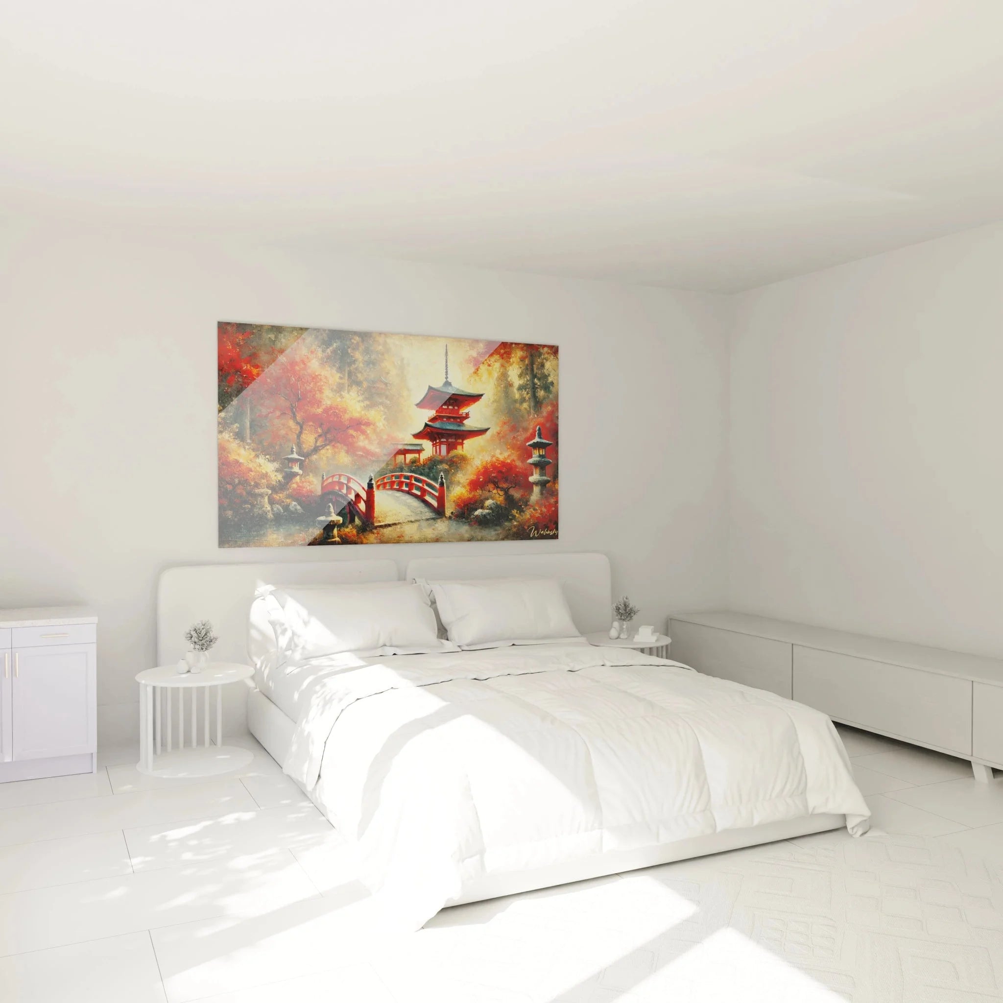 Schlafzimmer Dekoration mit japanischem Tempel Wandbild - asiatische Wandkunst Herbstmotiv