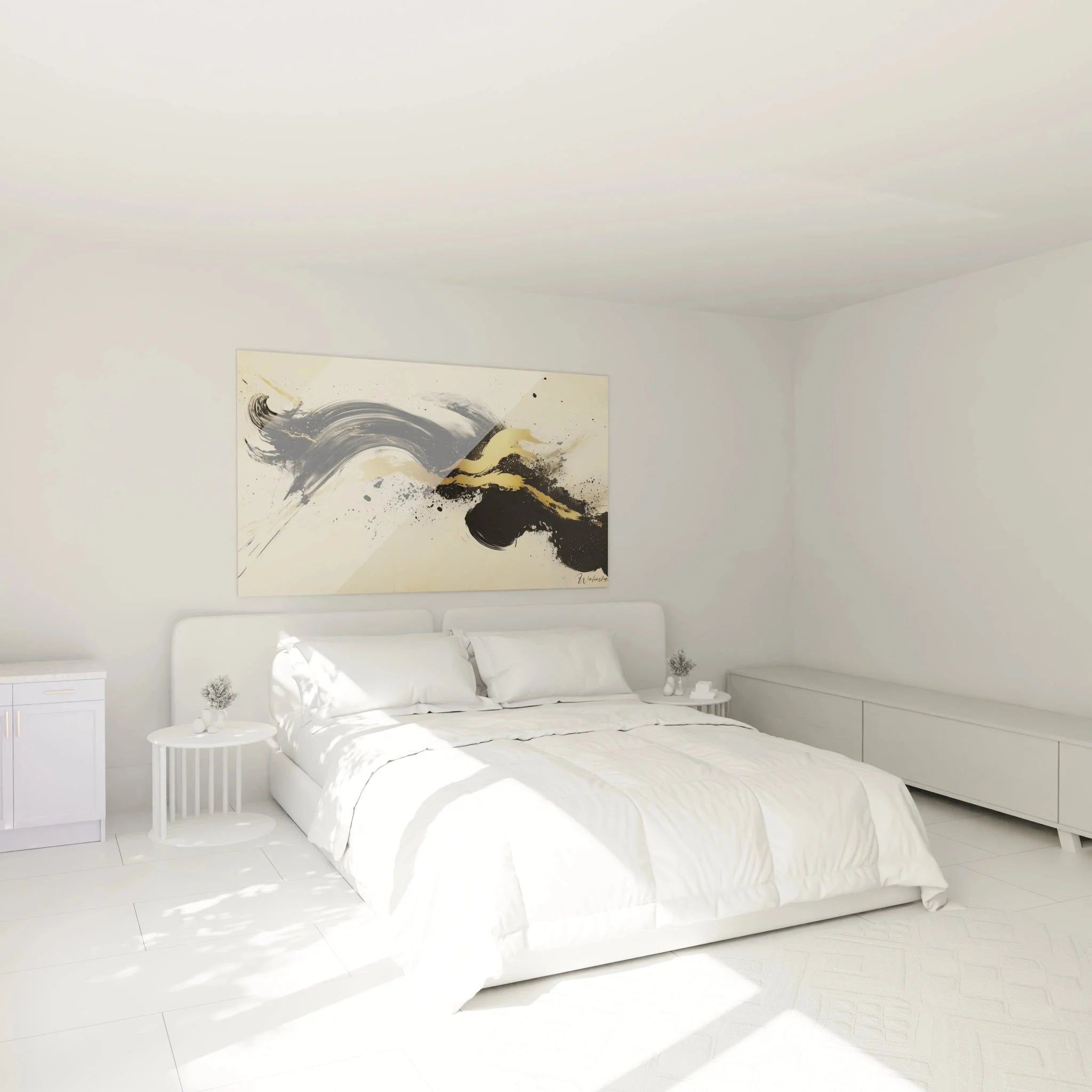 Modernes Schlafzimmer mit abstraktem Kalligrafie Wandbild in Schwarz-Gold über dem Bett