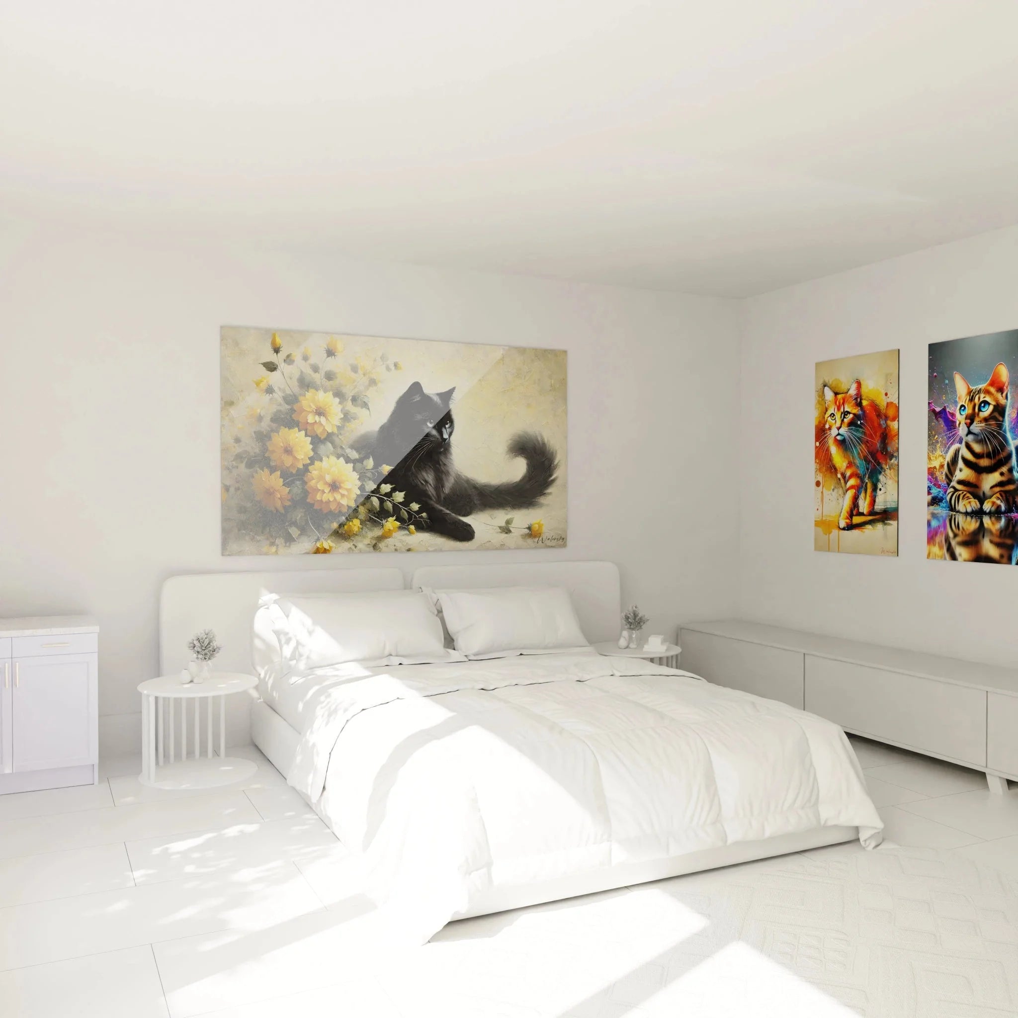 Schlafzimmer Ambiente mit Wandbild schwarze Katze und Dahlien - elegante Katzen Wanddekoration