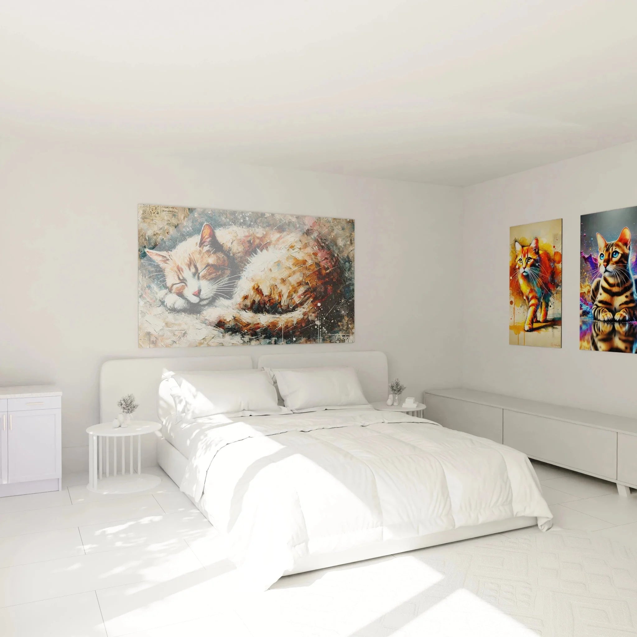 Schlafzimmer Ambiente mit Wandbild schlafende Katze über dem Bett, moderne Katzen Wanddekoration