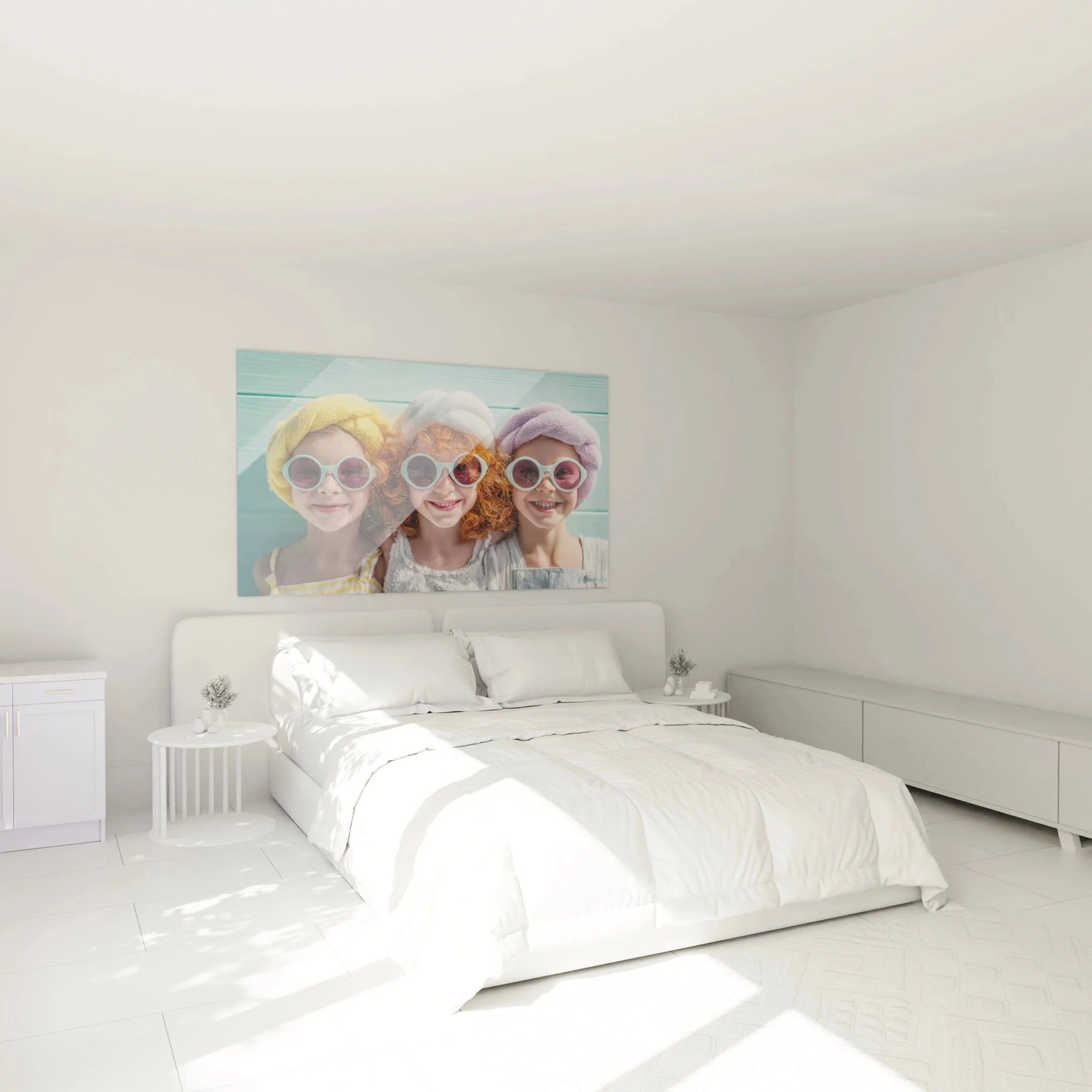 Schlafzimmer Dekoration mit Wandbild fröhliche Kinder in sommerlicher Atmosphäre