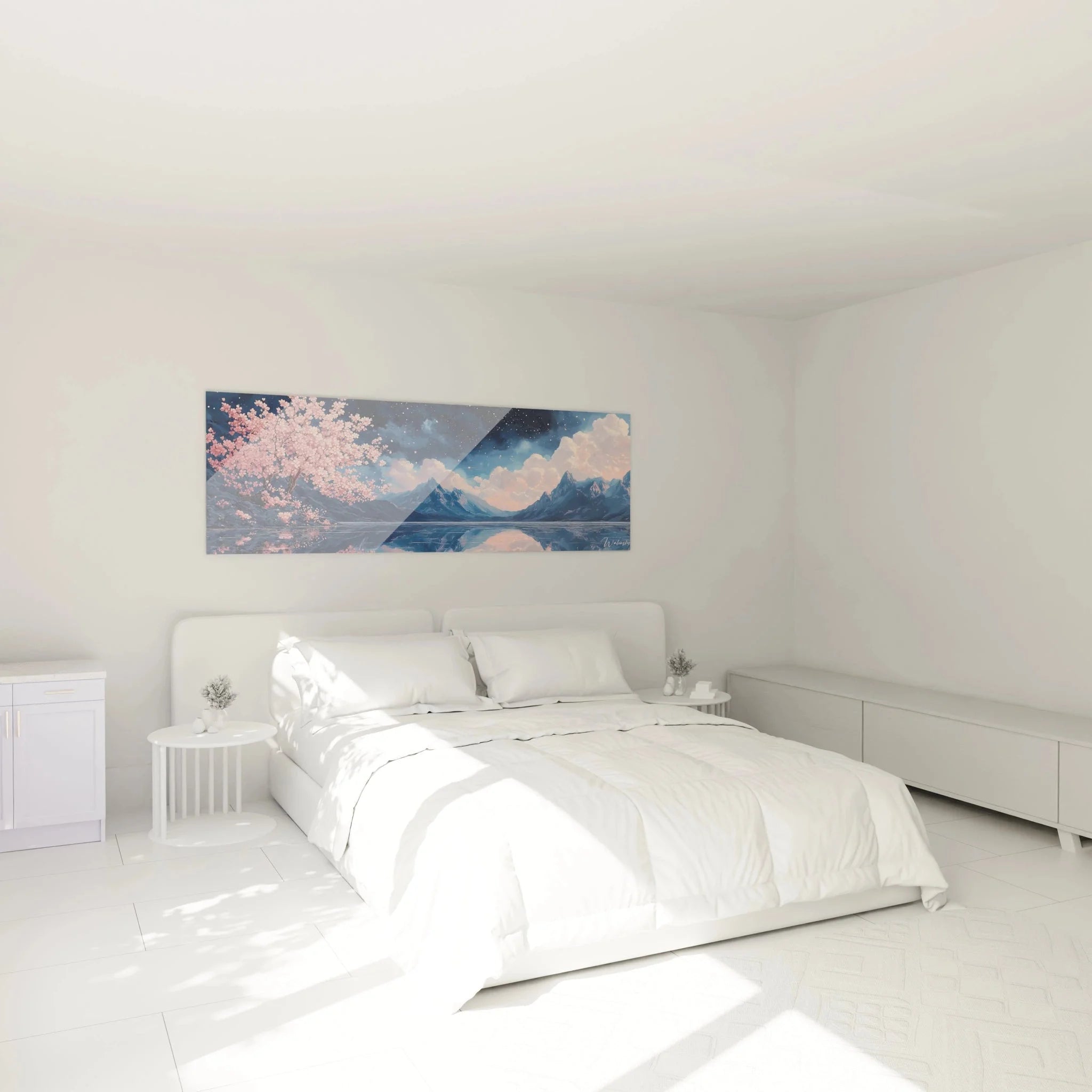 Elegantes Schlafzimmer mit Wandbild Kirschblüte Bergsee als stilvolle Wanddekoration über dem Bett