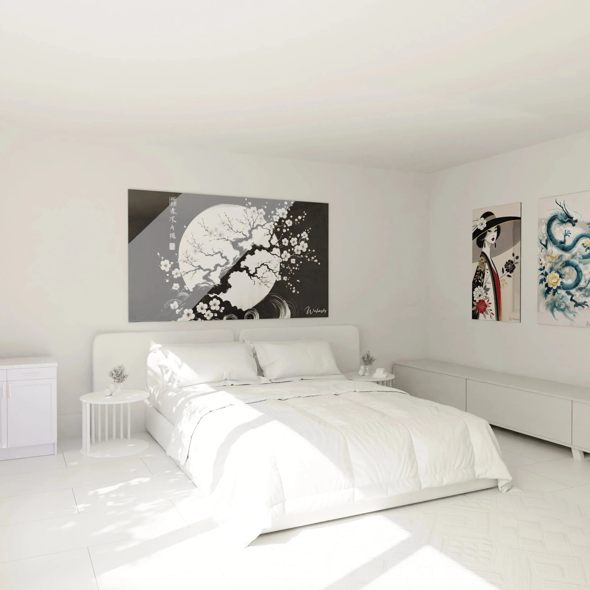 Schlafzimmer Dekoration mit Wandbild Kirschblüte und Mondschein, japanische Wandkunst über dem Bett