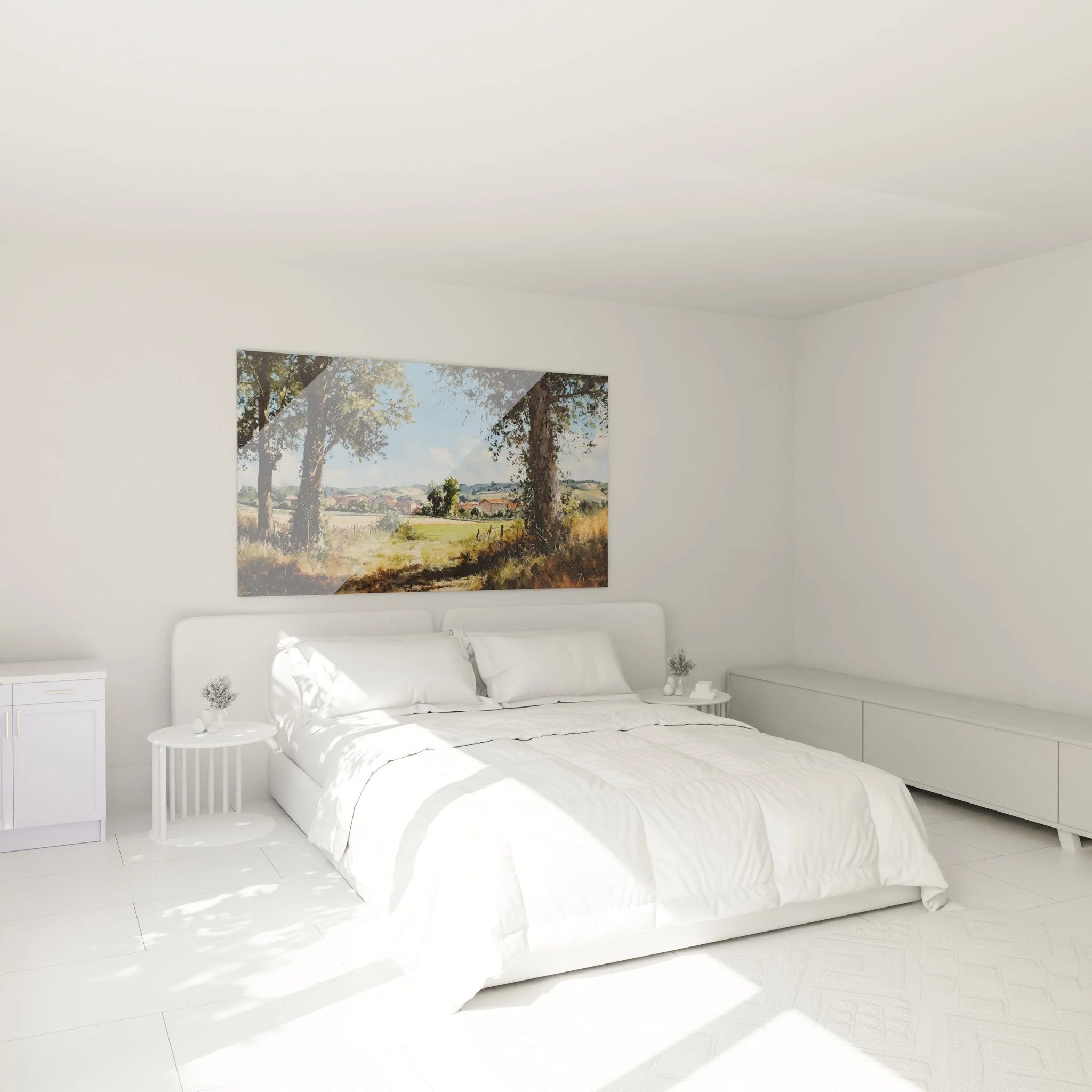 Schlafzimmer Ambiente mit Wandbild Landschaftsidylle - Dorfblick Campagne als Wanddekoration