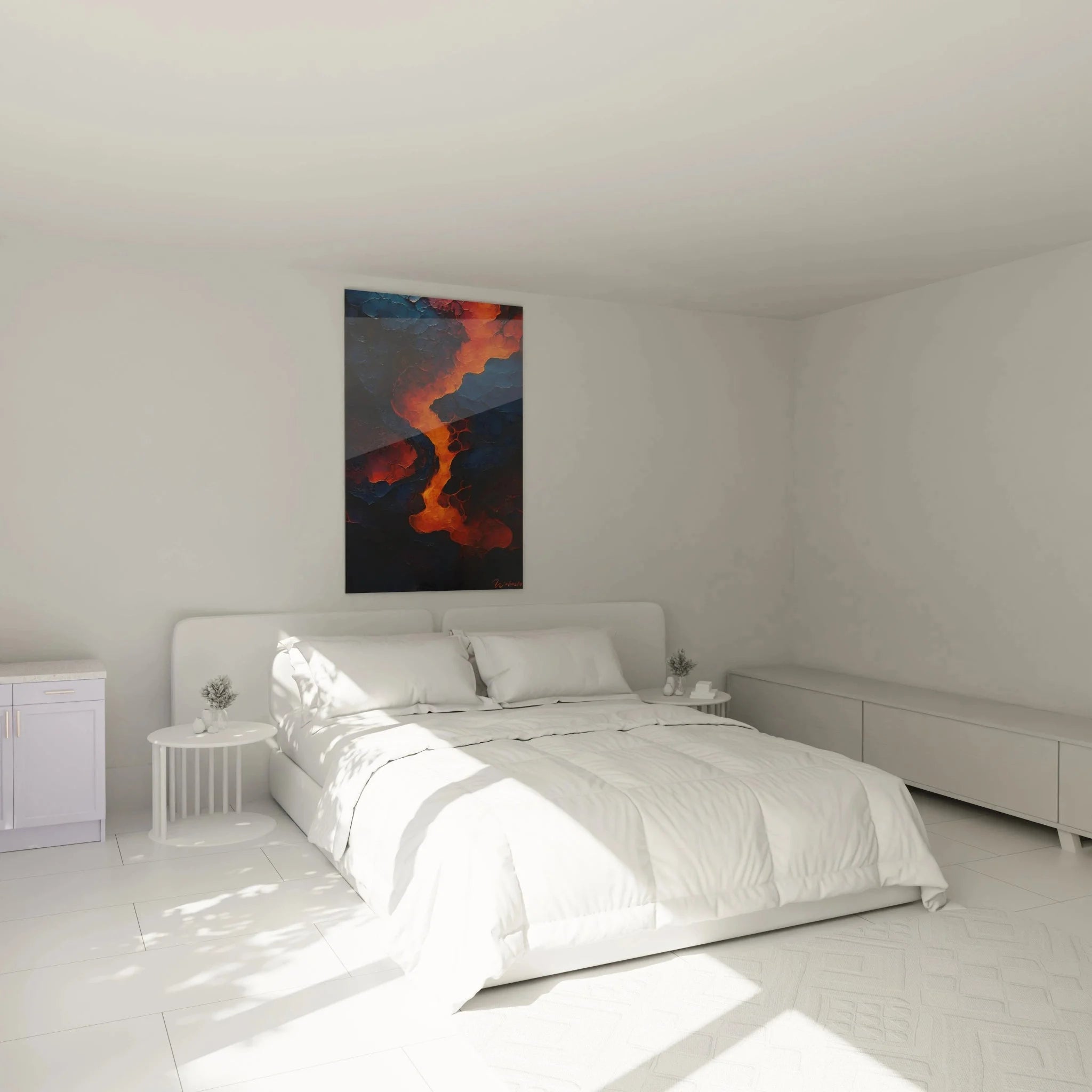 Schlafzimmer Wanddekoration mit abstraktem Lavastrom Wandbild in warmen Orange- und Blautönen