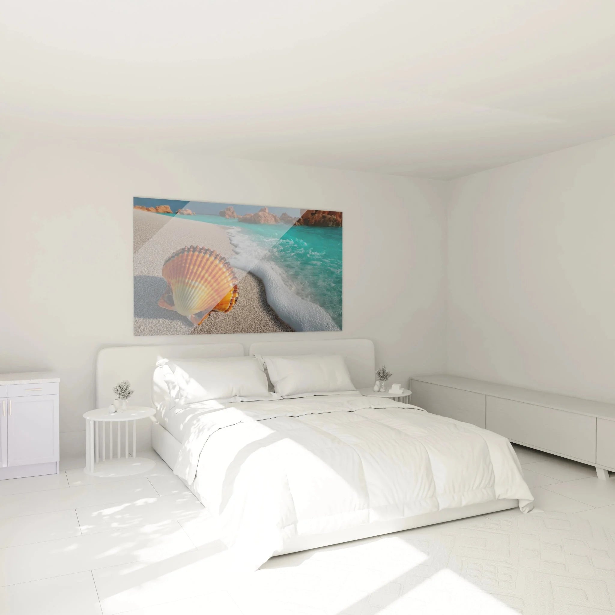 Schlafzimmer Dekoration mit Wandbild Muschel Strand - Maritime Wandkunst in Türkis Orange