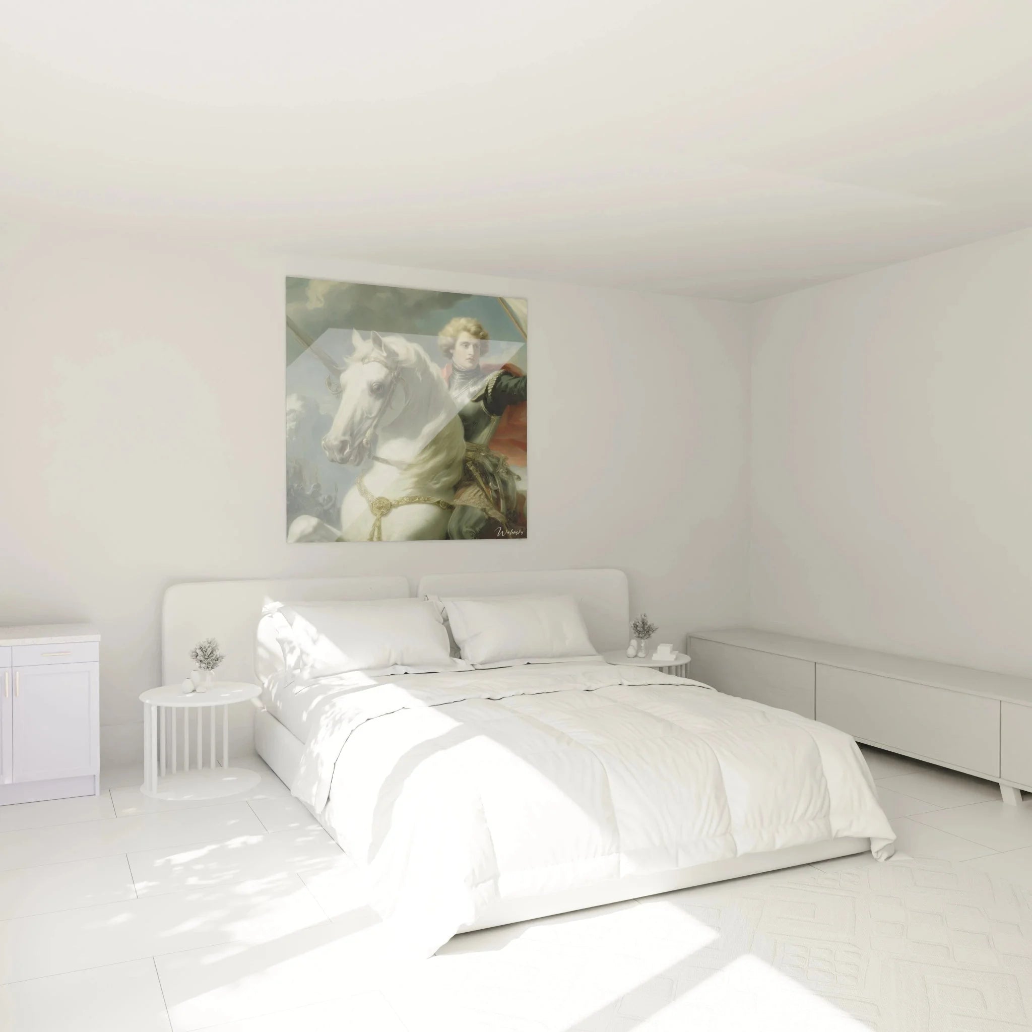 Elegantes Schlafzimmer mit neoklassischem Wandbild Napoleon General, edle Wanddekoration über Bett