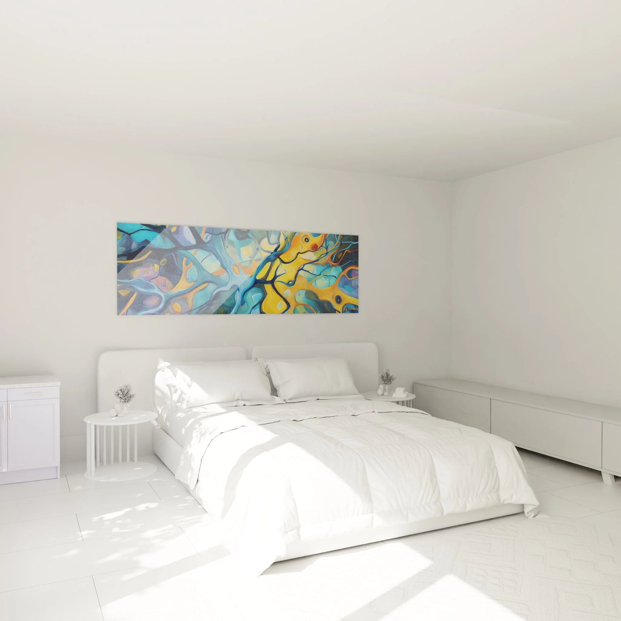 Modernes Schlafzimmer mit großem Wandbild neuronaler Strukturen in harmonischen Blau-Orange-Tönen