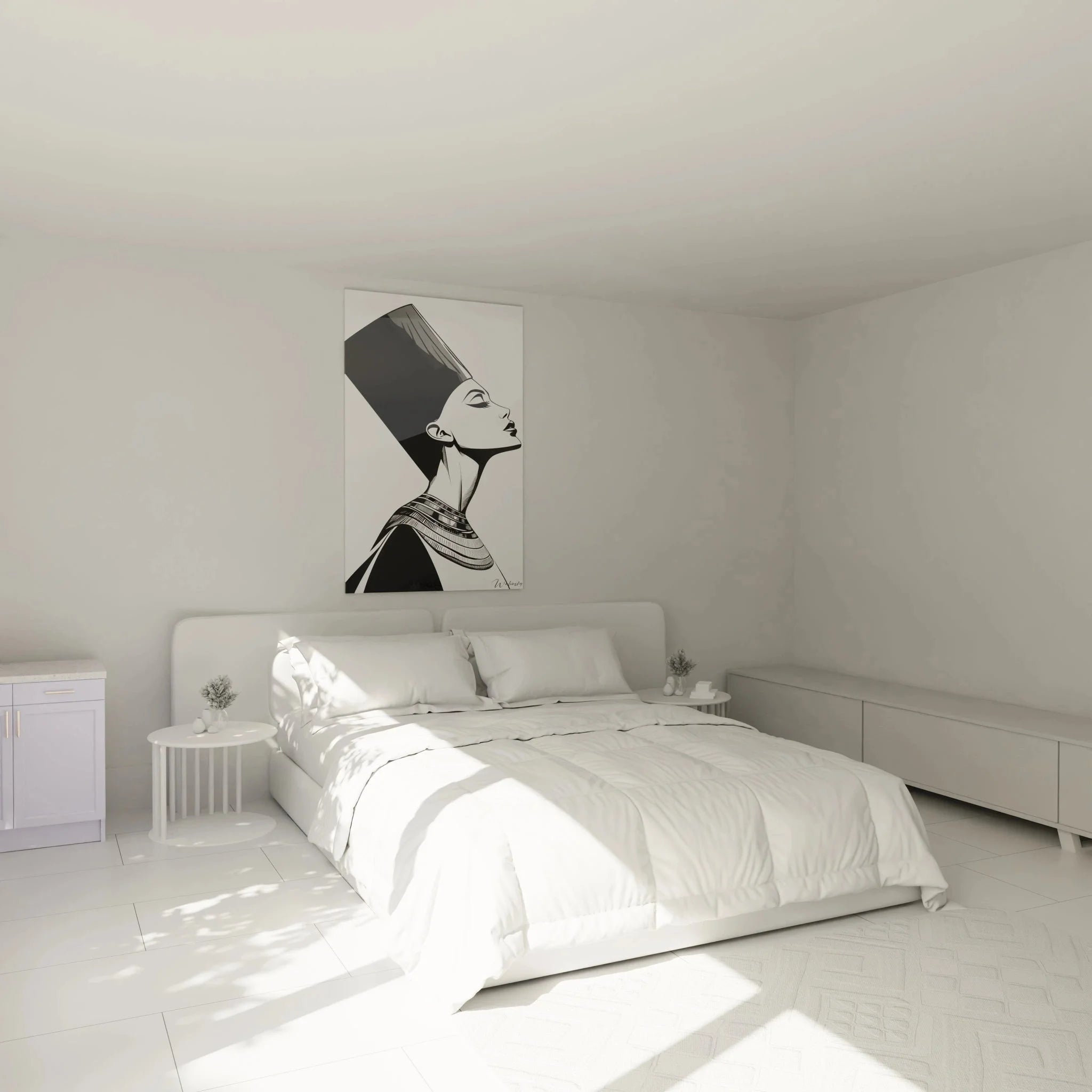 Schlafzimmer Dekoration mit Wandbild Nofretete - Ägyptische Kunst über dem Bett in modernem Ambiente
