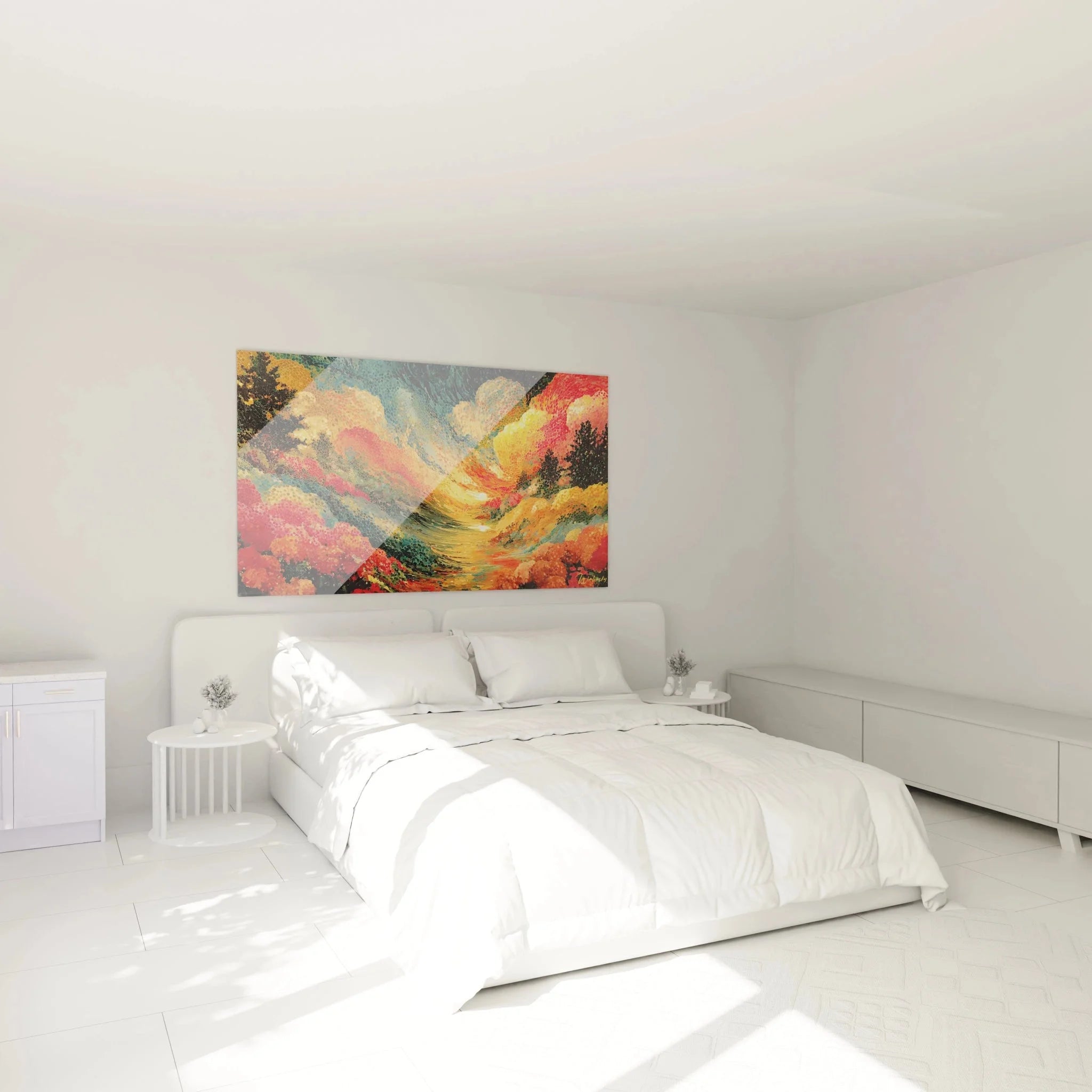 Schlafzimmer Dekoration mit pointillistischem Herbstlandschaft Wandbild, warme Farbgebung für gemütliche Atmosphäre