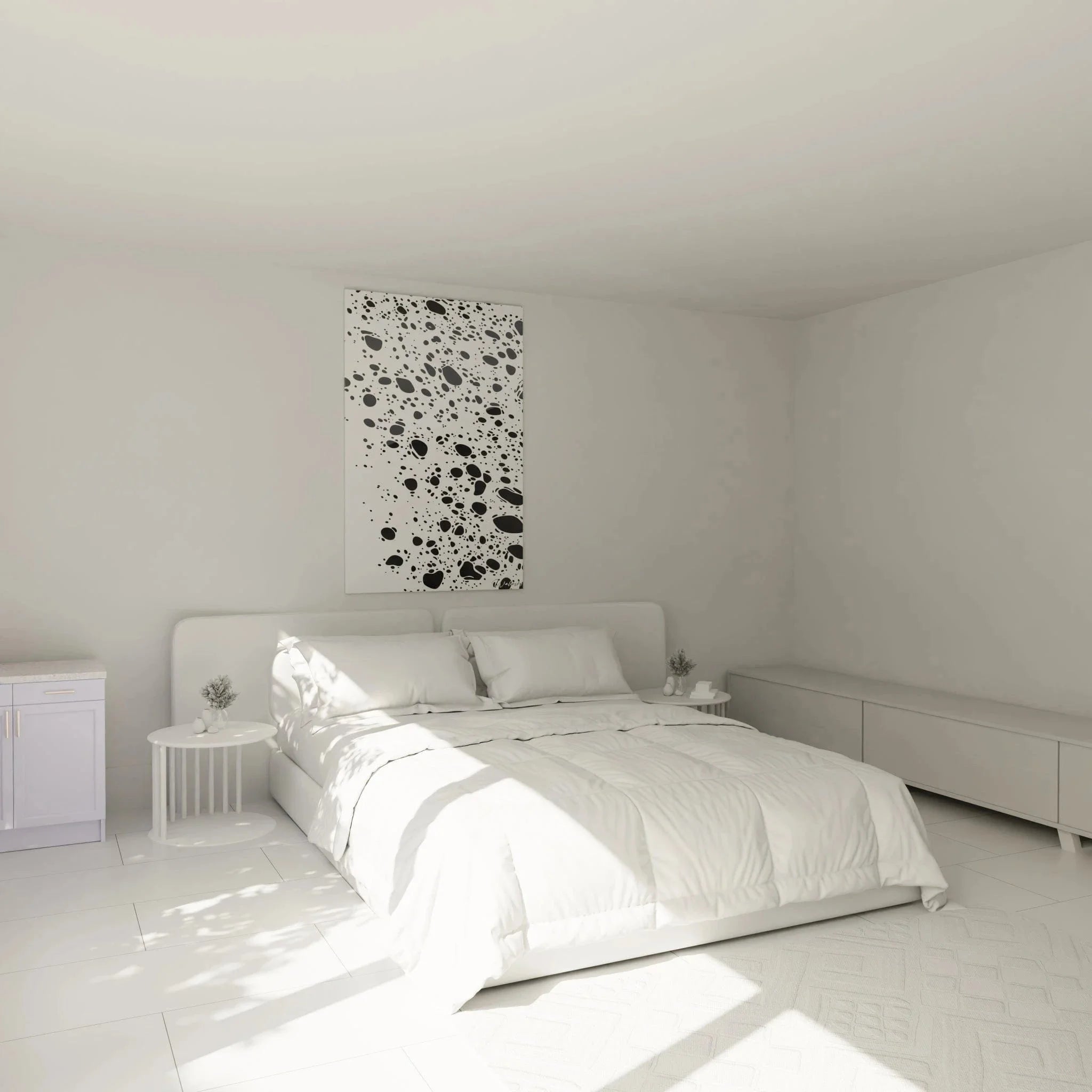 Schlafzimmer Wanddeko mit abstrakten Punkten Schwarz-Weiß Dalmatiner Style moderne Inneneinrichtung